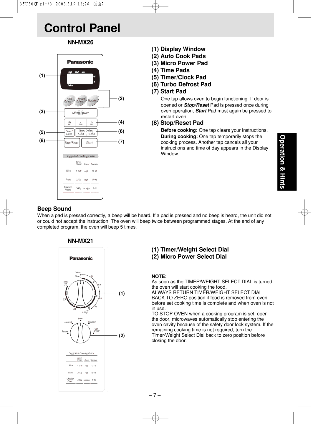 Panasonic NN-MX21 manual Control Panel, Stop/Reset Pad, Beep Sound, Timer/Weight Select Dial Micro Power Select Dial 