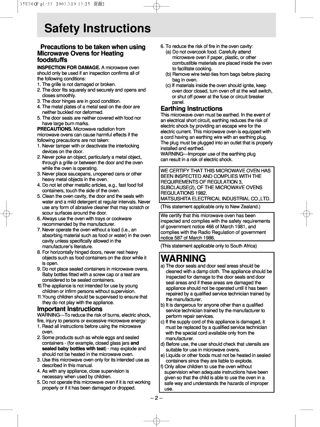 Panasonic NN-MX21 manual Safety Instructions, Important Instructions, Earthing Instructions 
