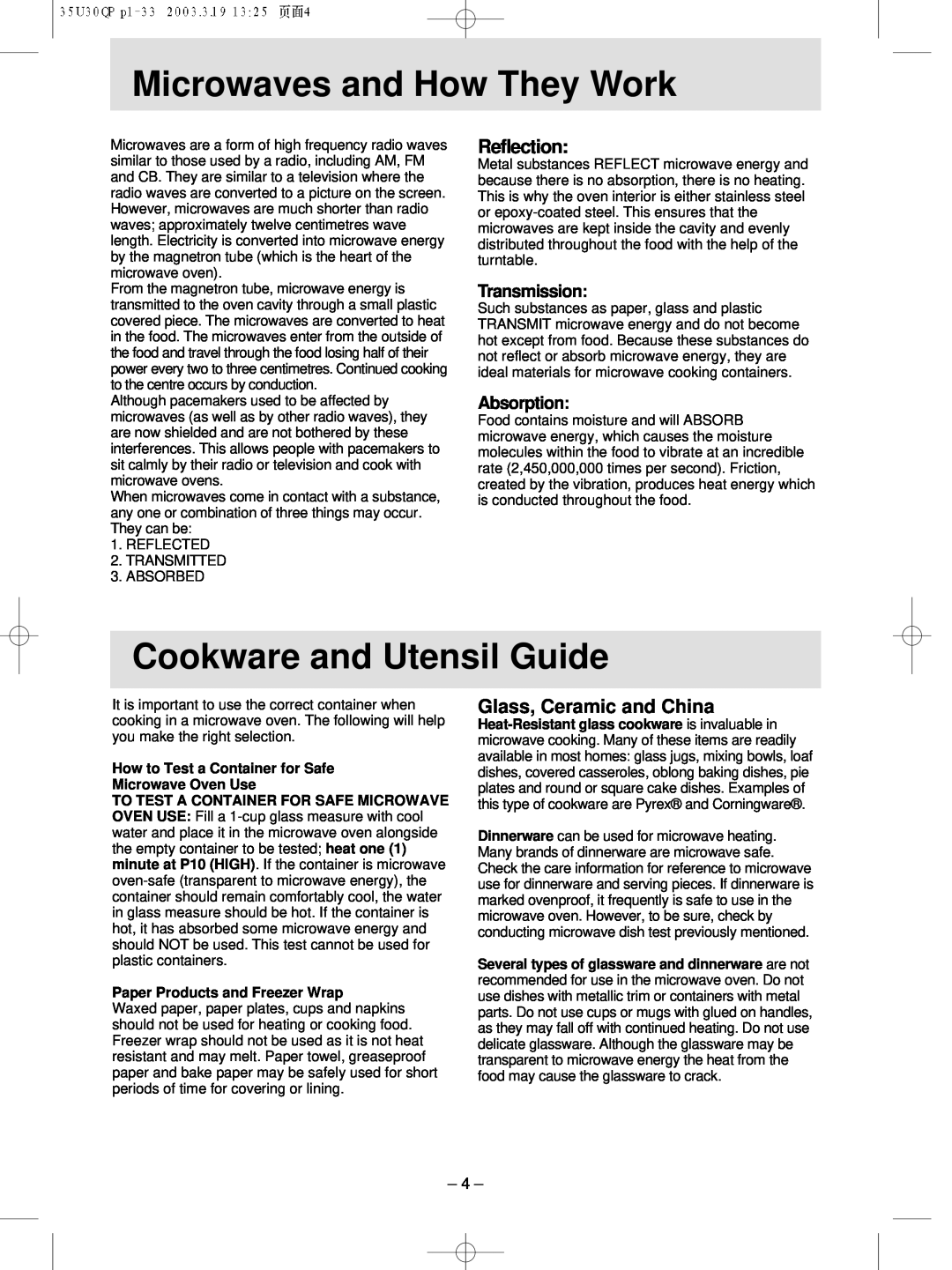 Panasonic NN-MX21 manual Microwaves and How They Work, Cookware and Utensil Guide, Reflection, Glass, Ceramic and China 