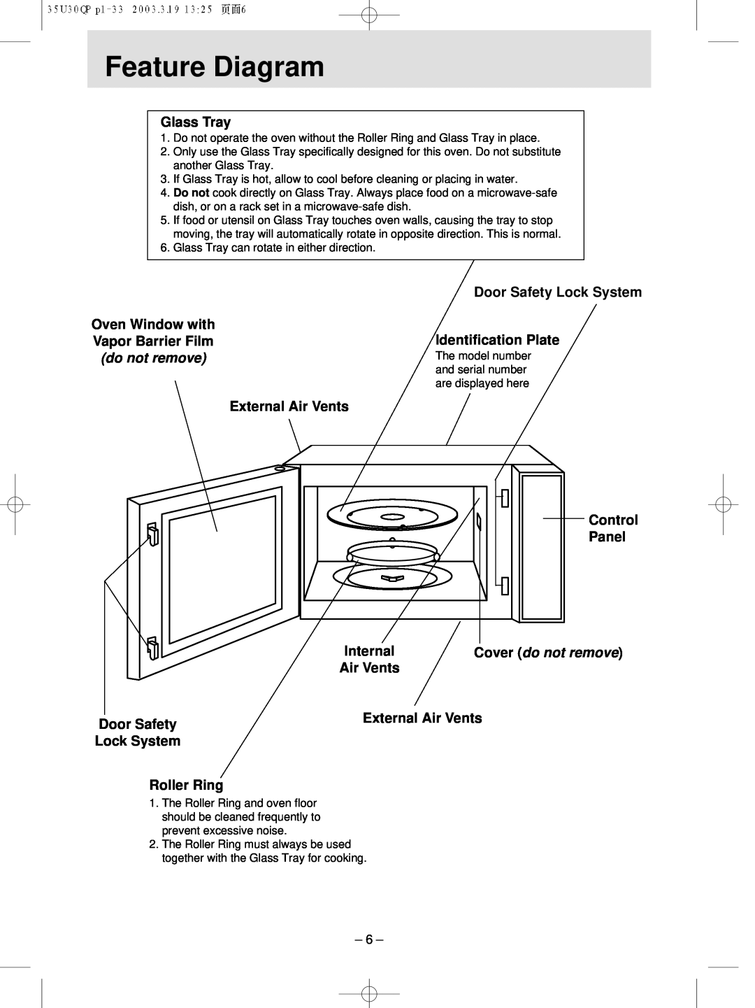 Panasonic NN-MX21 manual Feature Diagram, Glass Tray, Door Safety Lock System Identification Plate, External Air Vents 