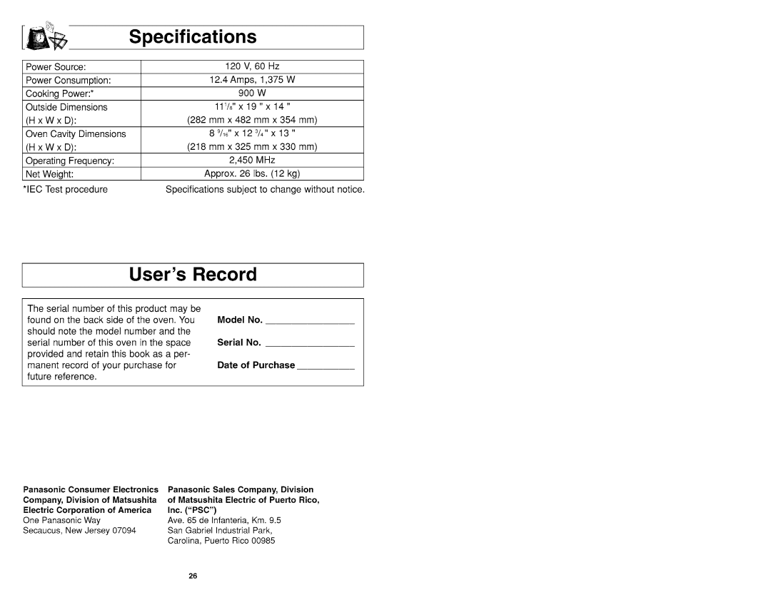 Panasonic NN-MX26 manual 