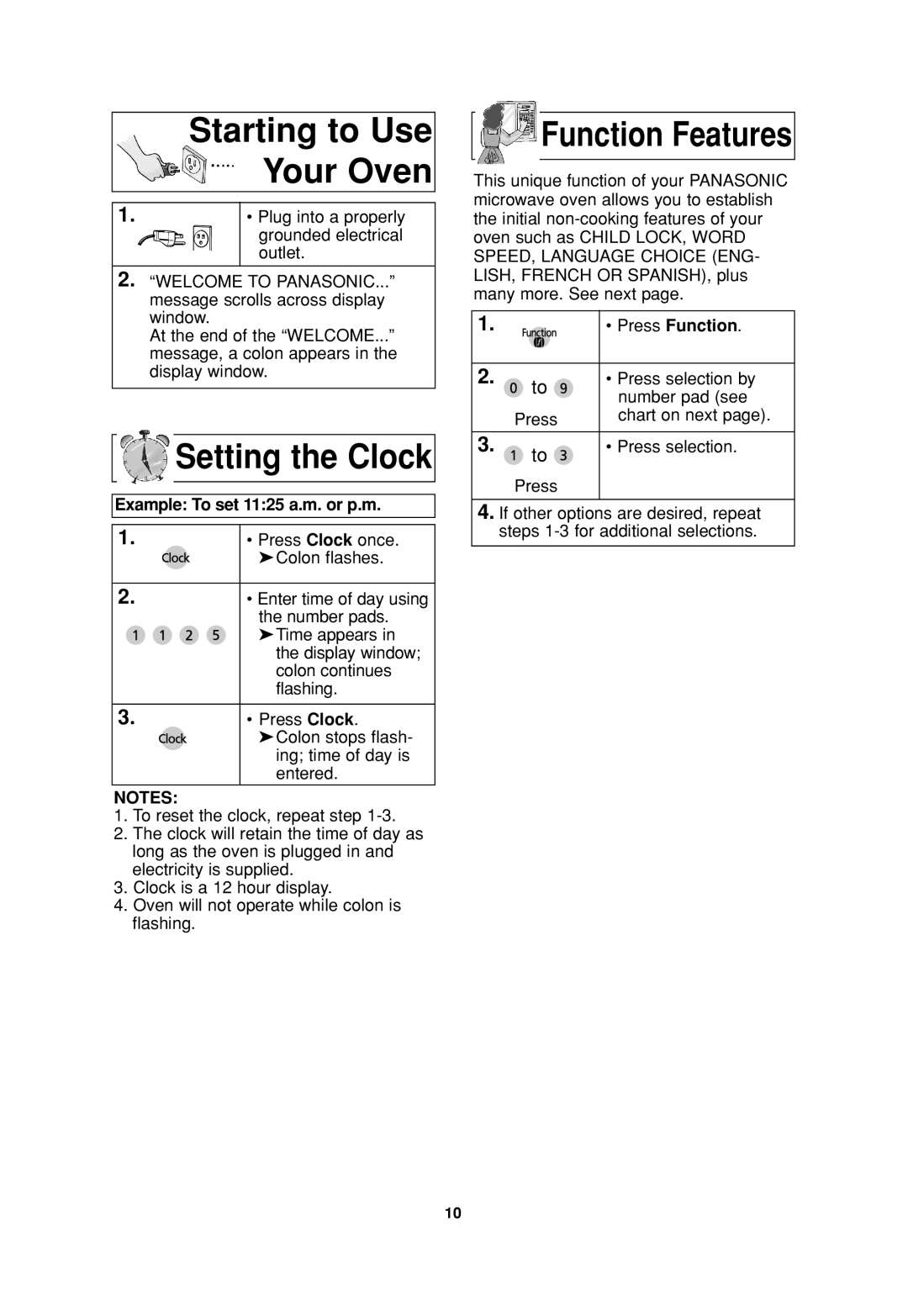 Panasonic SN977, NN-P794 Starting to Use Your Oven, Setting the Clock, Function Features, Example To set 1125 a.m. or p.m 