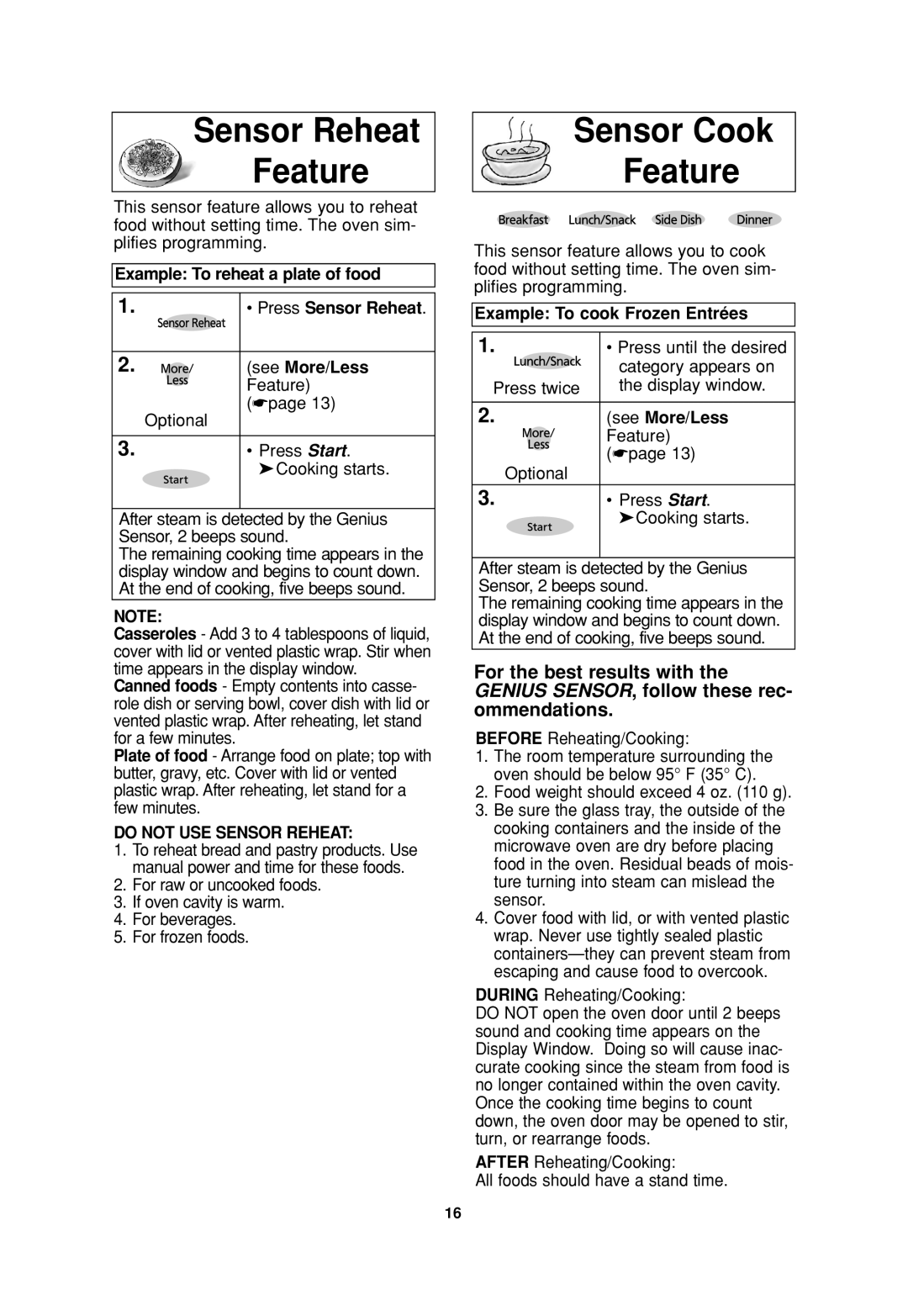 Panasonic SN957, NN-P794 Sensor Reheat Feature, Sensor Cook Feature, Example To reheat a plate of food Press Sensor Reheat 