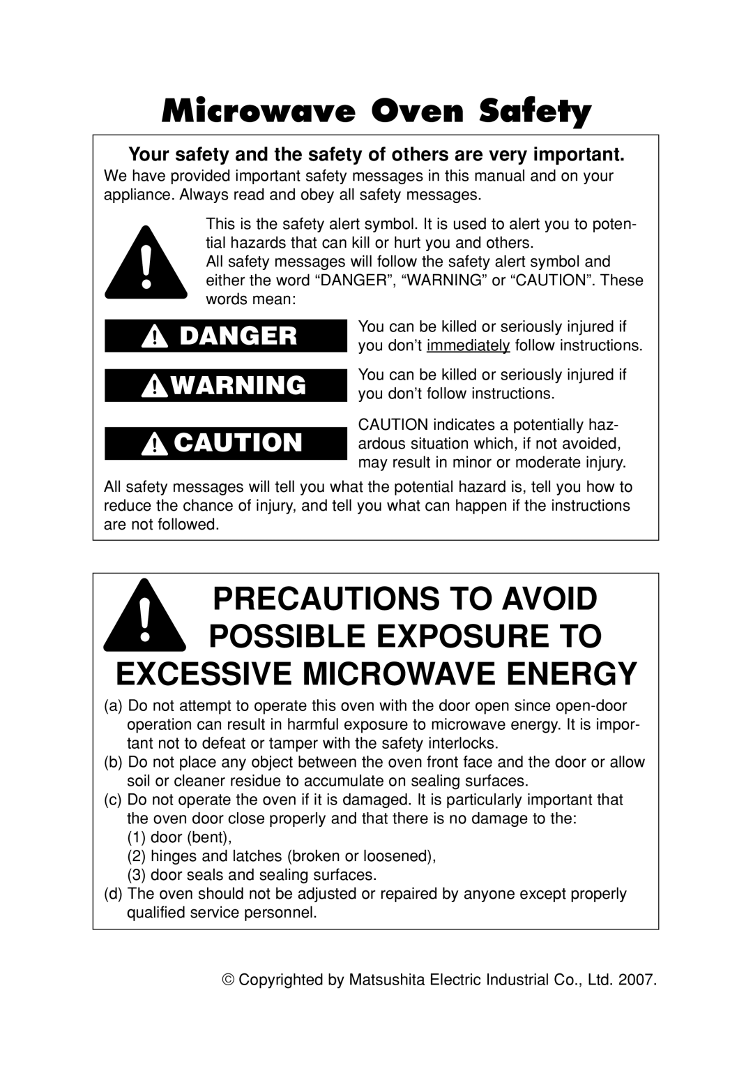 Panasonic SN957, NN-P794, T945, SN797, SN977 Microwave Oven Safety, Your safety and the safety of others are very important 