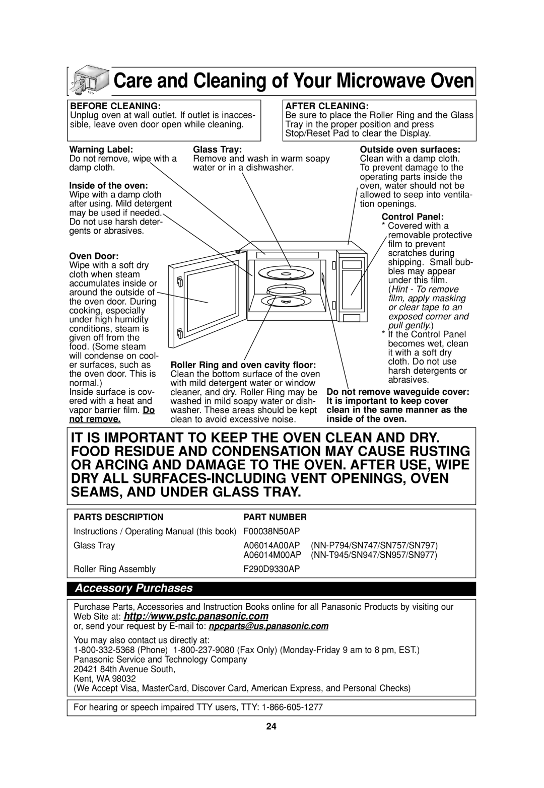 Panasonic SN957, NN-P794, T945, SN797, SN977, SN947, SN757, SN747 Care and Cleaning of Your Microwave Oven, Before Cleaning 