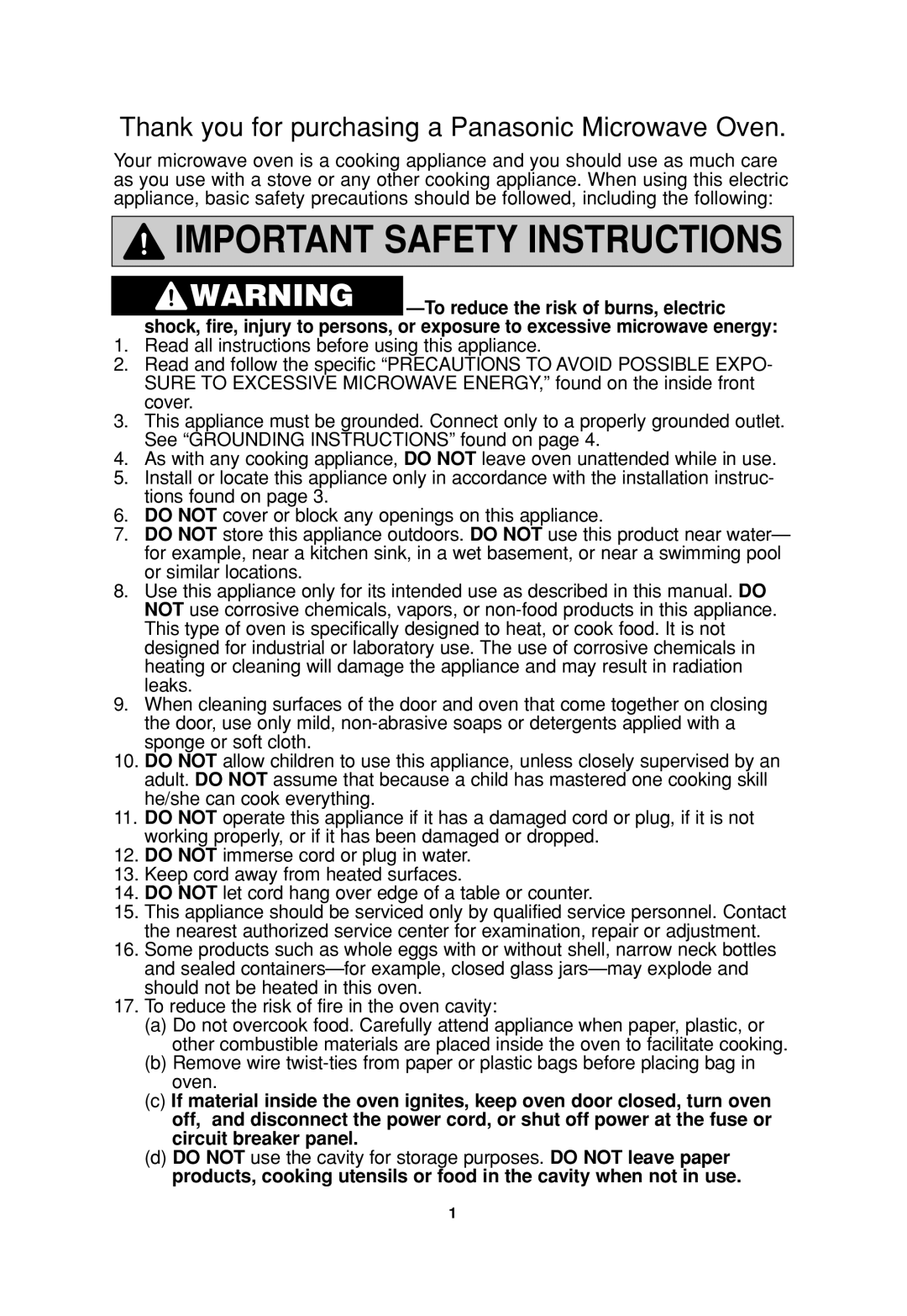 Panasonic SN797, NN-P794, T945, SN957, SN977, SN947, SN757, SN747 important safety instructions Important Safety Instructions 