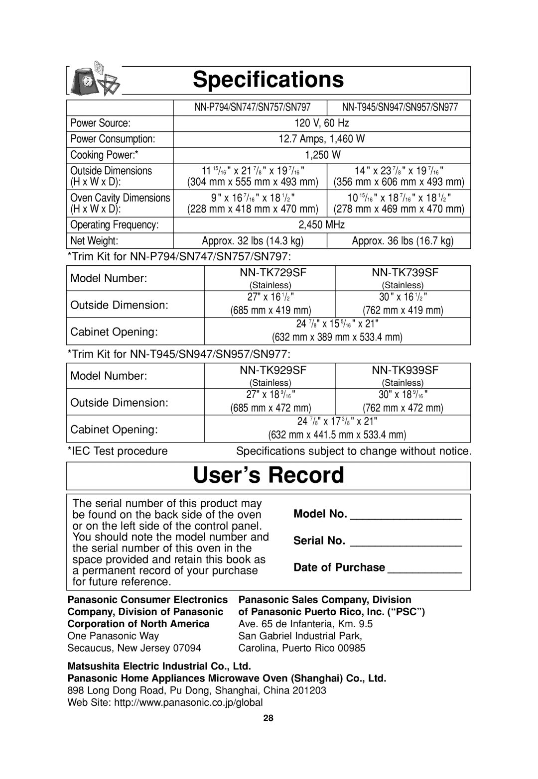 Panasonic SN757, NN-P794, T945, SN957, SN797, SN977 Specifications, User’s Record, Operating Frequency, Ave de Infanteria, Km 