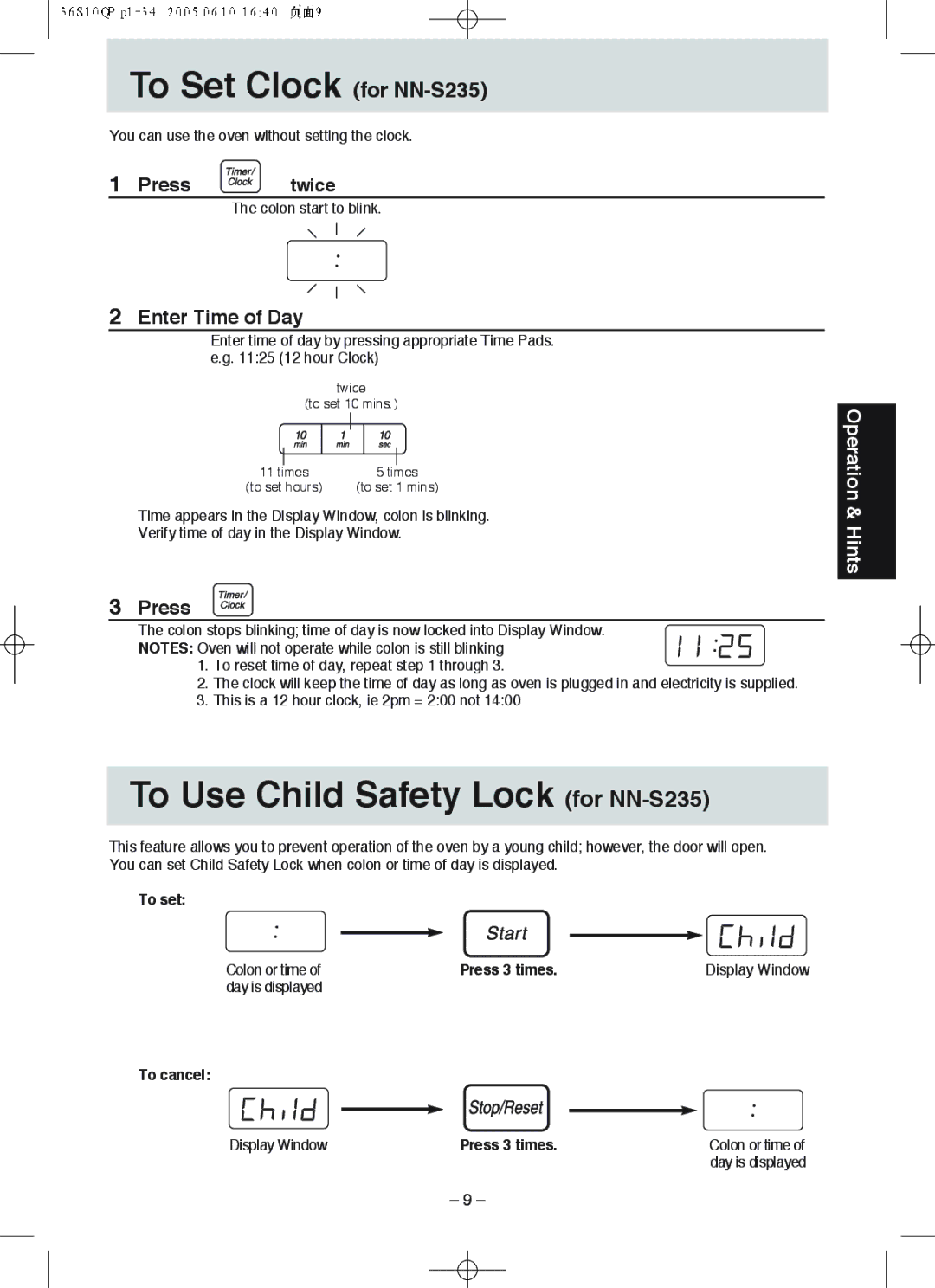 Panasonic NN-S215 manual To Set Clock for NN-S235, To Use Child Safety Lock for NN-S235, Enter Time of Day, Twice 