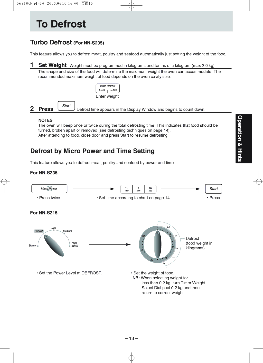 Panasonic manual To Defrost, For NN-S235, For NN-S215 