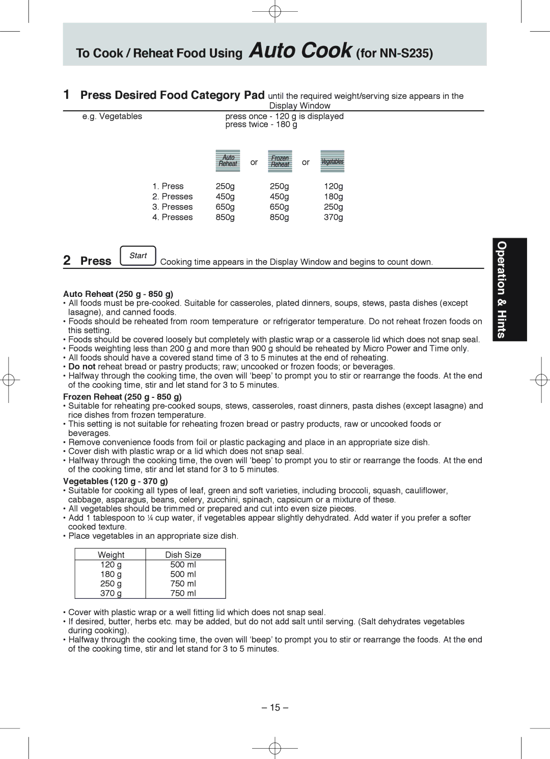 Panasonic NN-S235, NN-S215 manual Auto Reheat 250 g 850 g, Frozen Reheat 250 g 850 g, Vegetables 120 g 370 g 