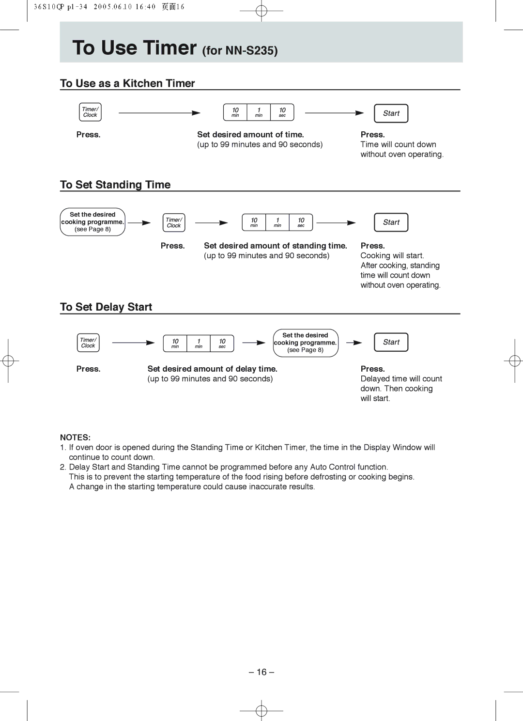 Panasonic NN-S215 manual To Use Timer for NN-S235, To Use as a Kitchen Timer, To Set Standing Time, To Set Delay Start 