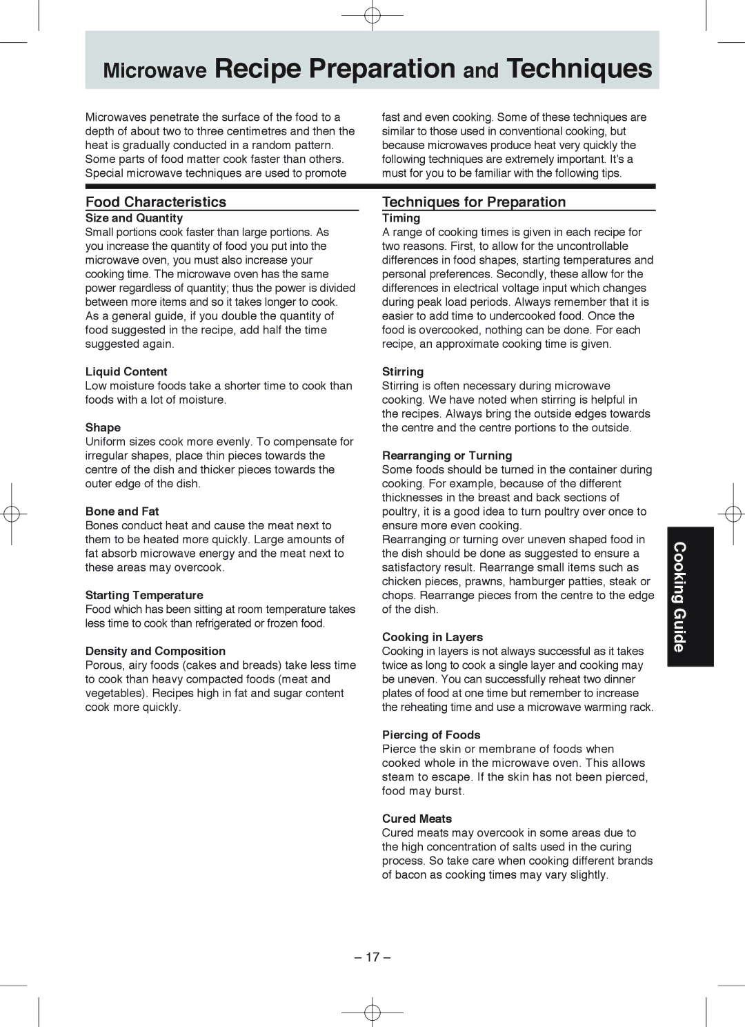 Panasonic NN-S235, NN-S215 manual Food Characteristics, Techniques for Preparation 