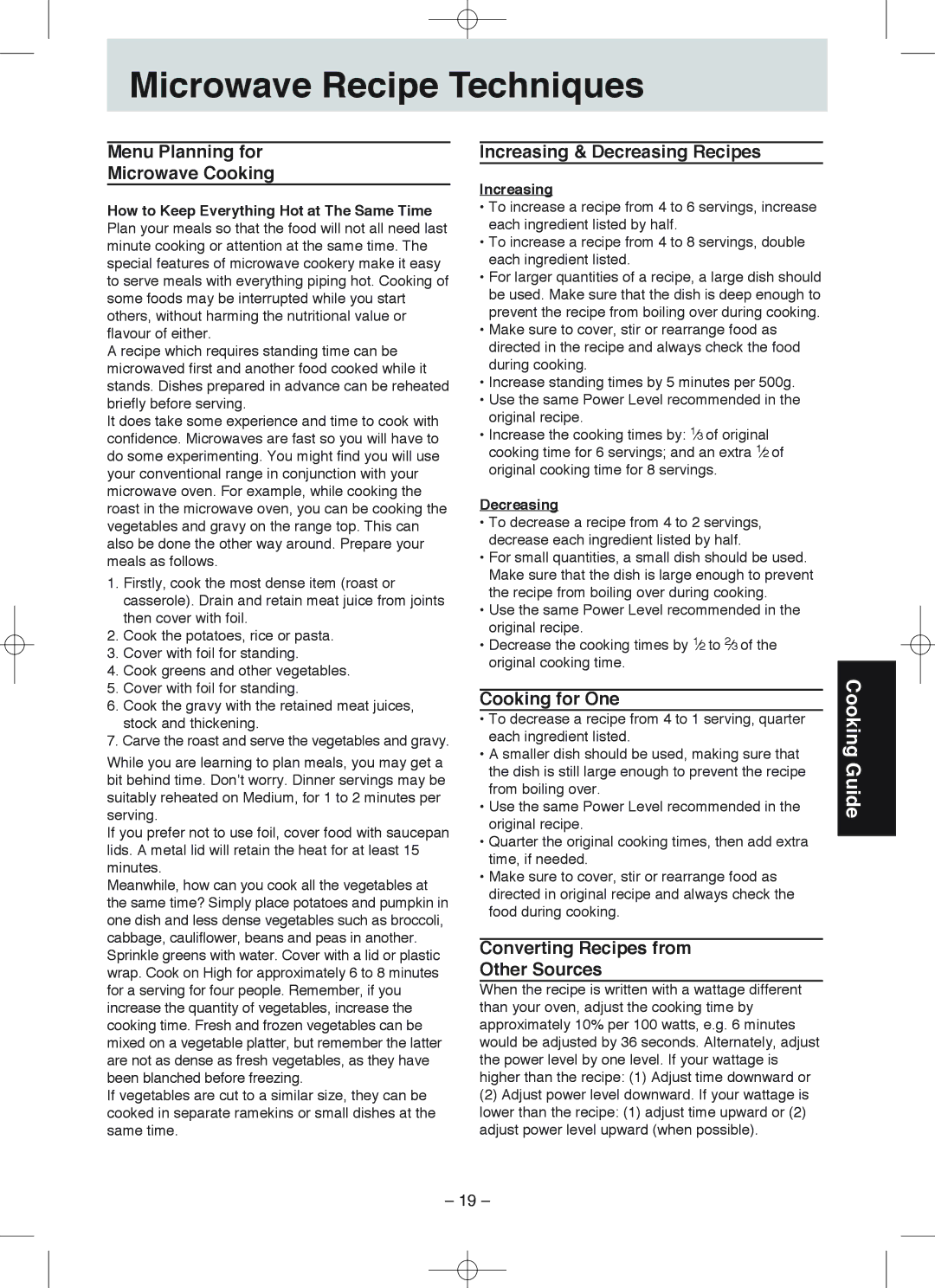 Panasonic NN-S235 manual Microwave Recipe Techniques, Menu Planning for Microwave Cooking, Increasing & Decreasing Recipes 