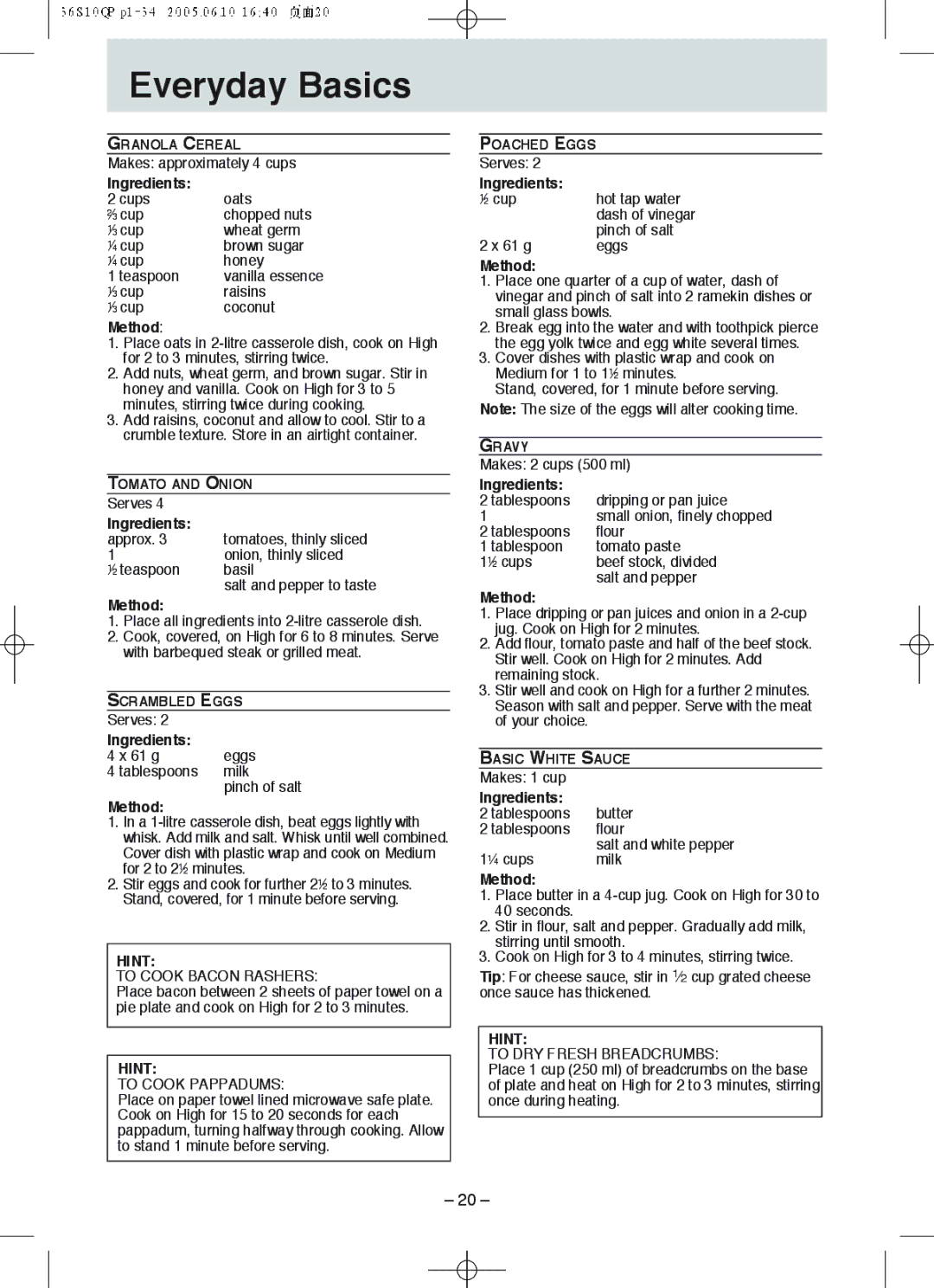 Panasonic NN-S215, NN-S235 manual Everyday Basics, Ingredients, Method, Hint 