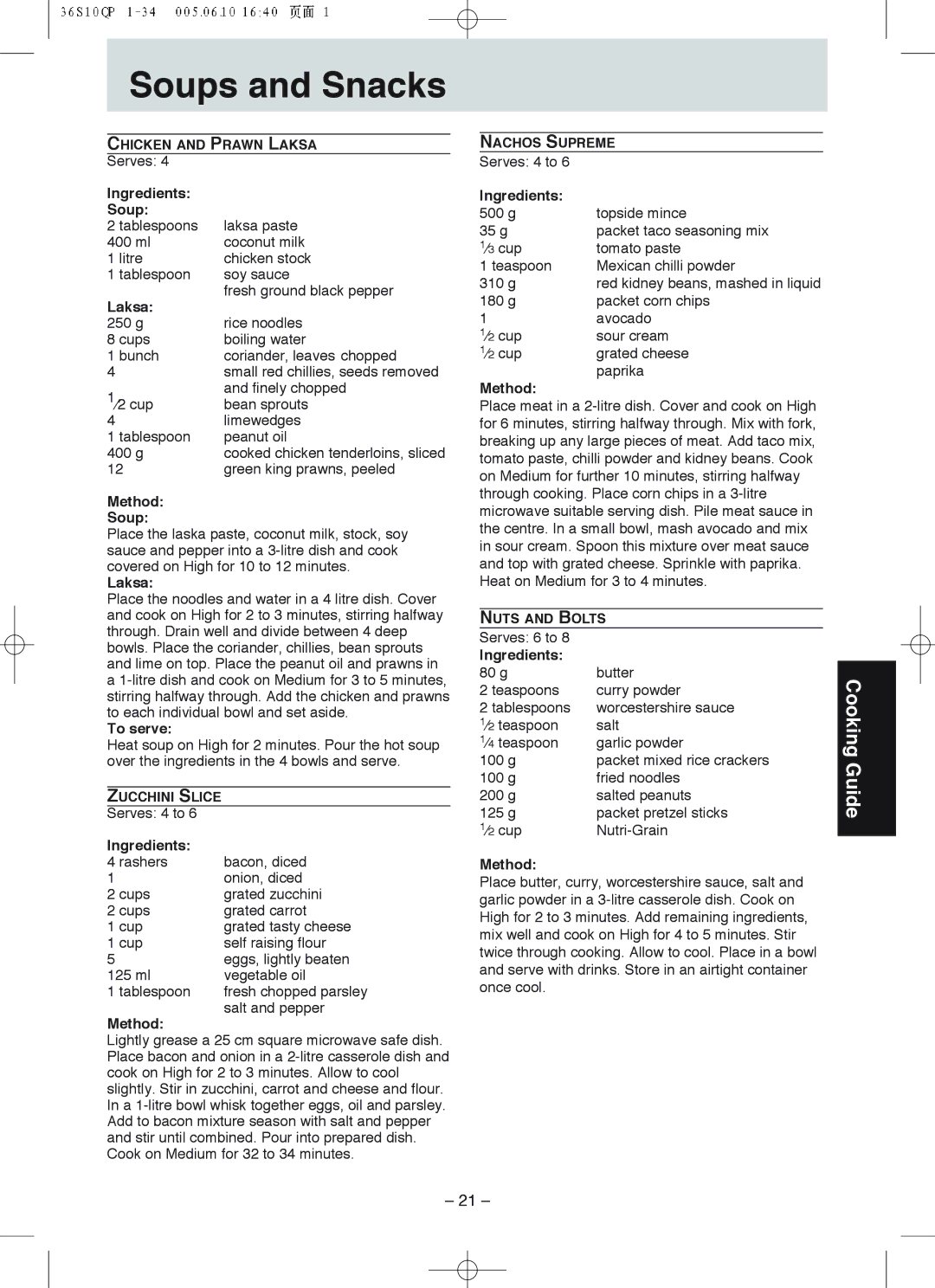 Panasonic NN-S235, NN-S215 manual Soups and Snacks, Ingredients Soup, Laksa, Method Soup, To serve 