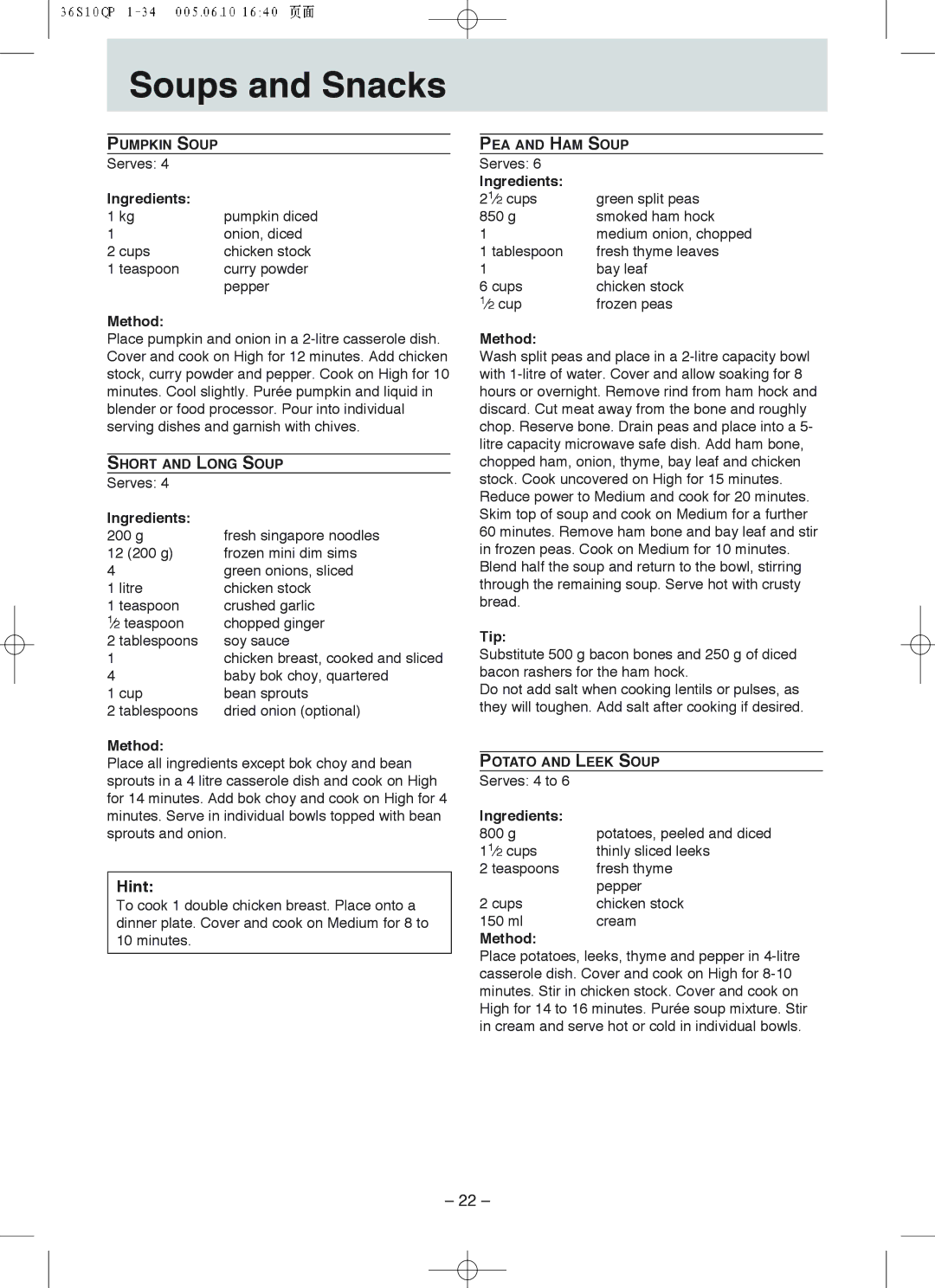 Panasonic NN-S215, NN-S235 manual Hint, Tip, Ingredients 800 g 