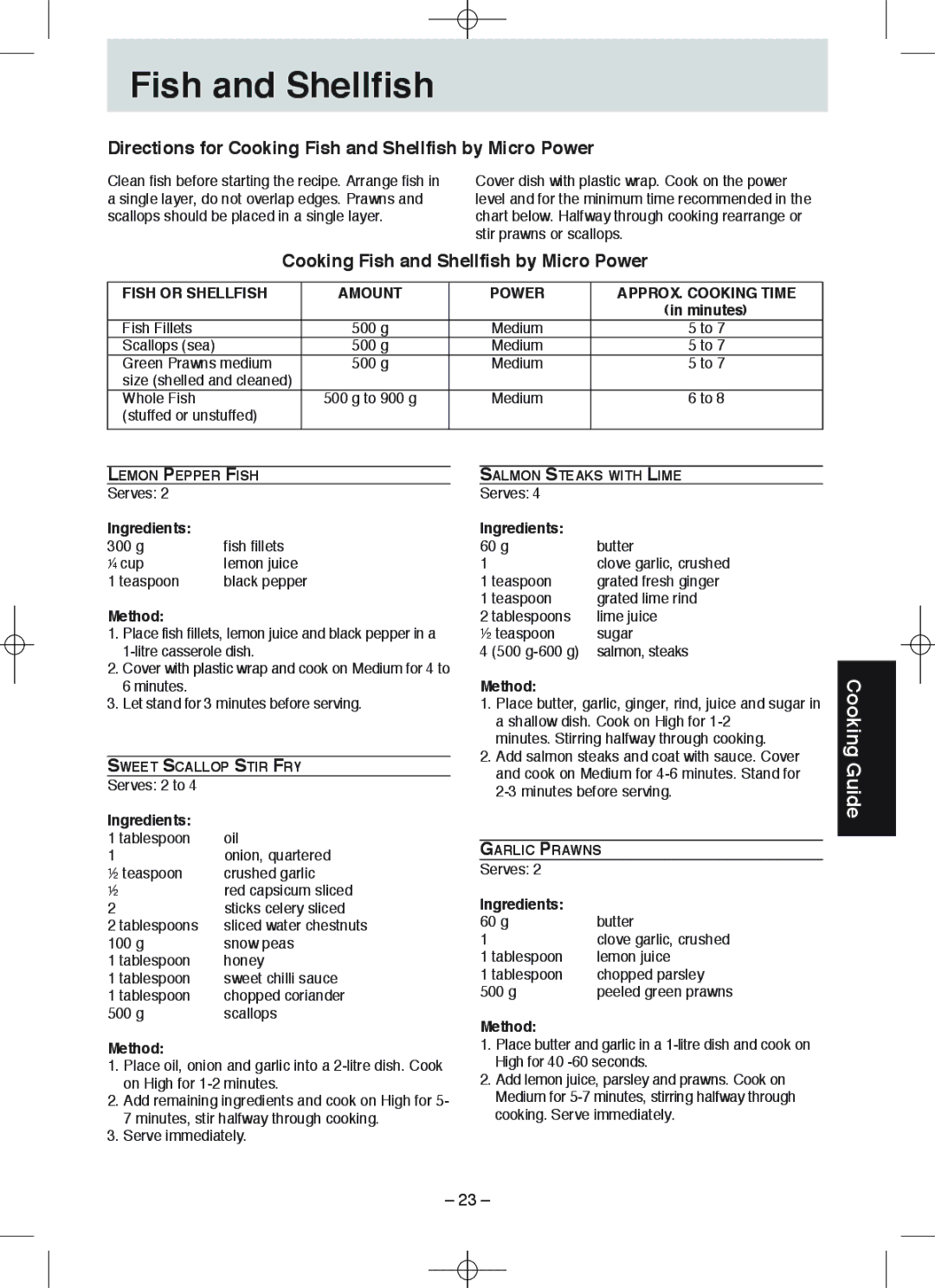 Panasonic NN-S235, NN-S215 manual Directions for Cooking Fish and Shellfish by Micro Power 