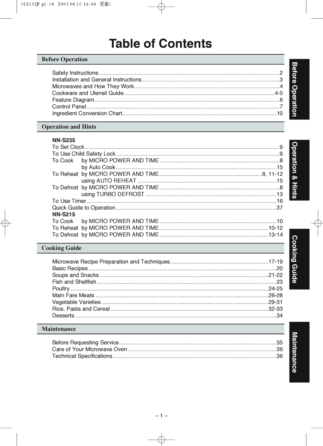 Panasonic NN-S235, NN-S215 manual Table of Contents 