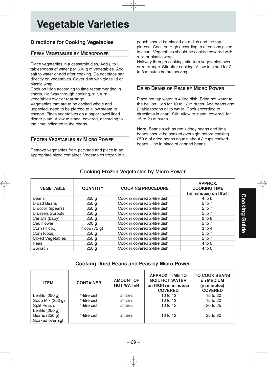 Panasonic NN-S235 manual Vegetable Varieties, Directions for Cooking Vegetables, Cooking Frozen Vegetables by Micro Power 