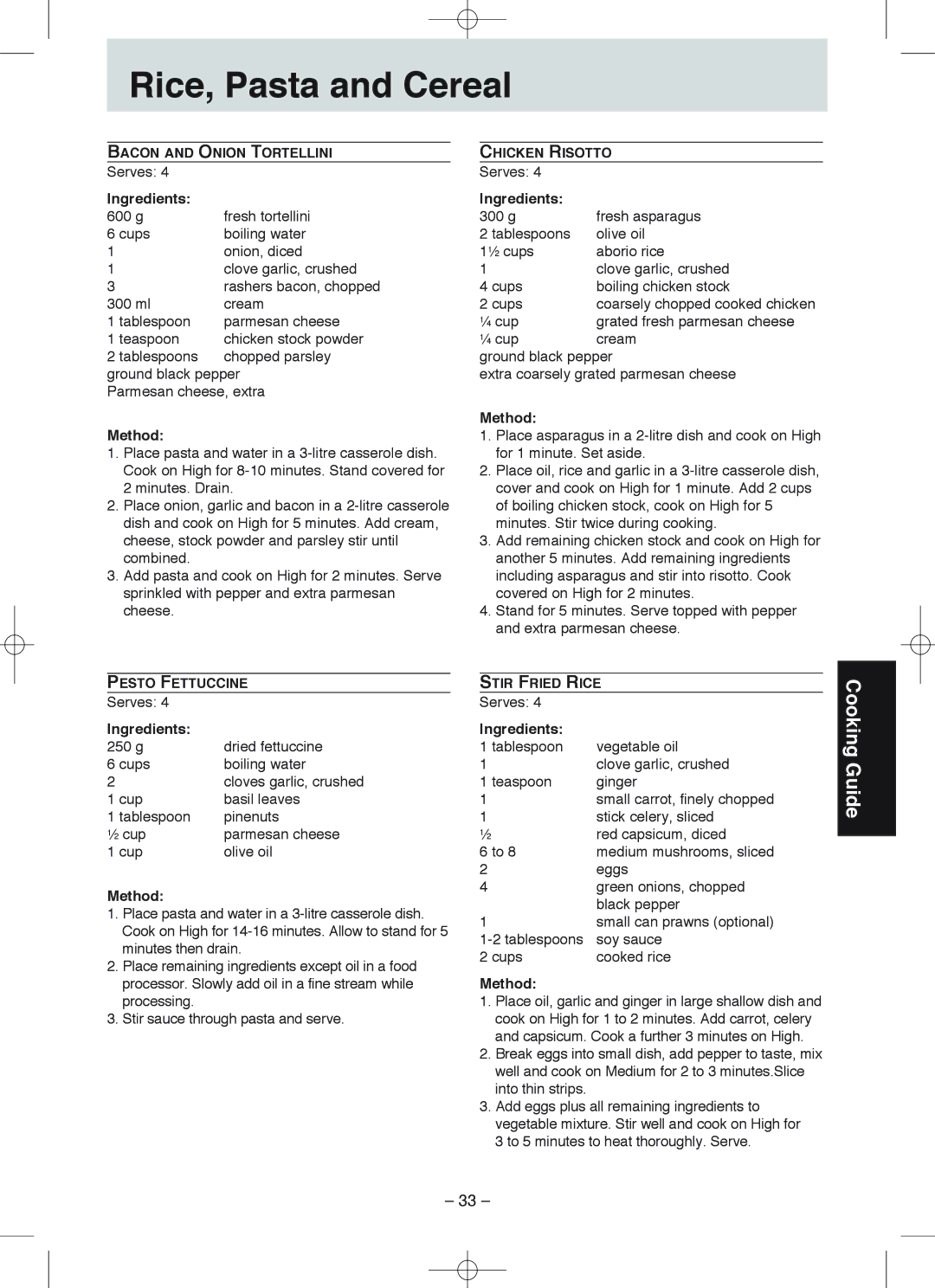 Panasonic NN-S235, NN-S215 manual g Dried fettuccine Cups Boiling water 