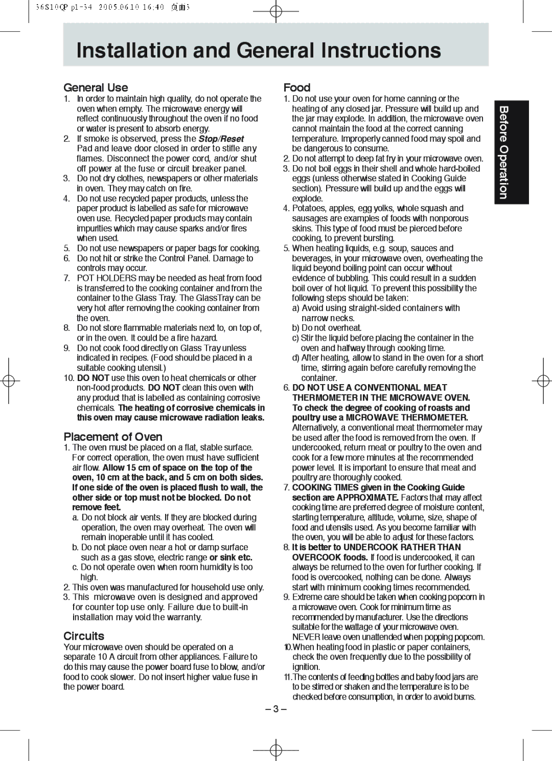 Panasonic NN-S235, NN-S215 manual Installation and General Instructions, General Use, Placement of Oven, Circuits, Food 