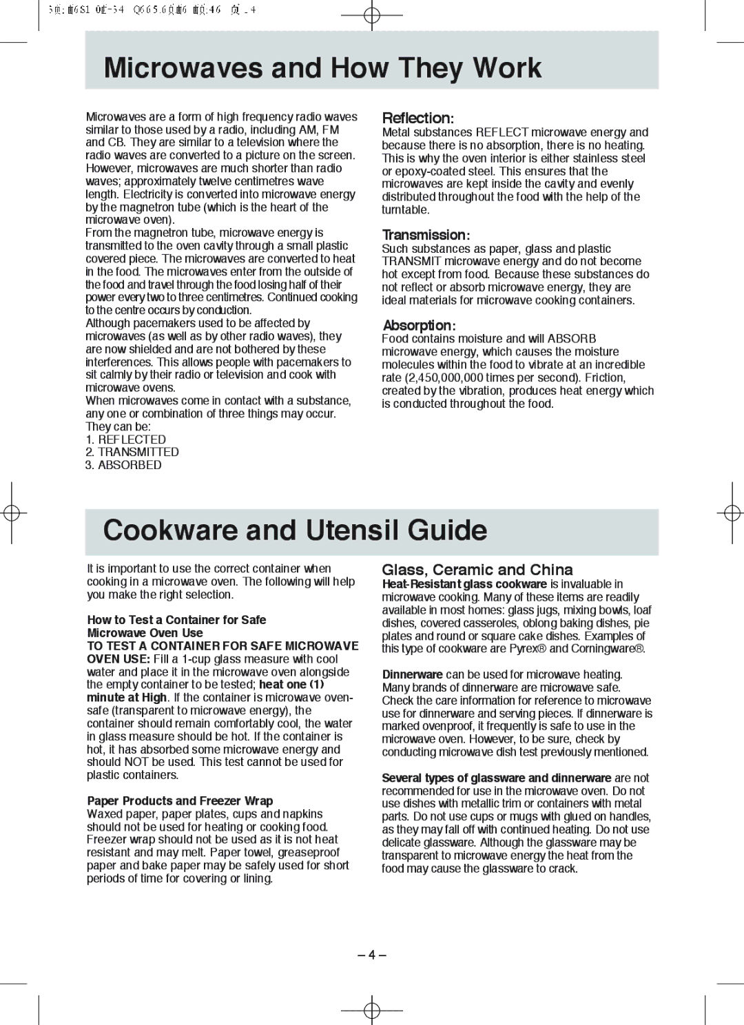 Panasonic NN-S215, NN-S235 Microwaves and How They Work, Cookware and Utensil Guide, Reflection, Glass, Ceramic and China 