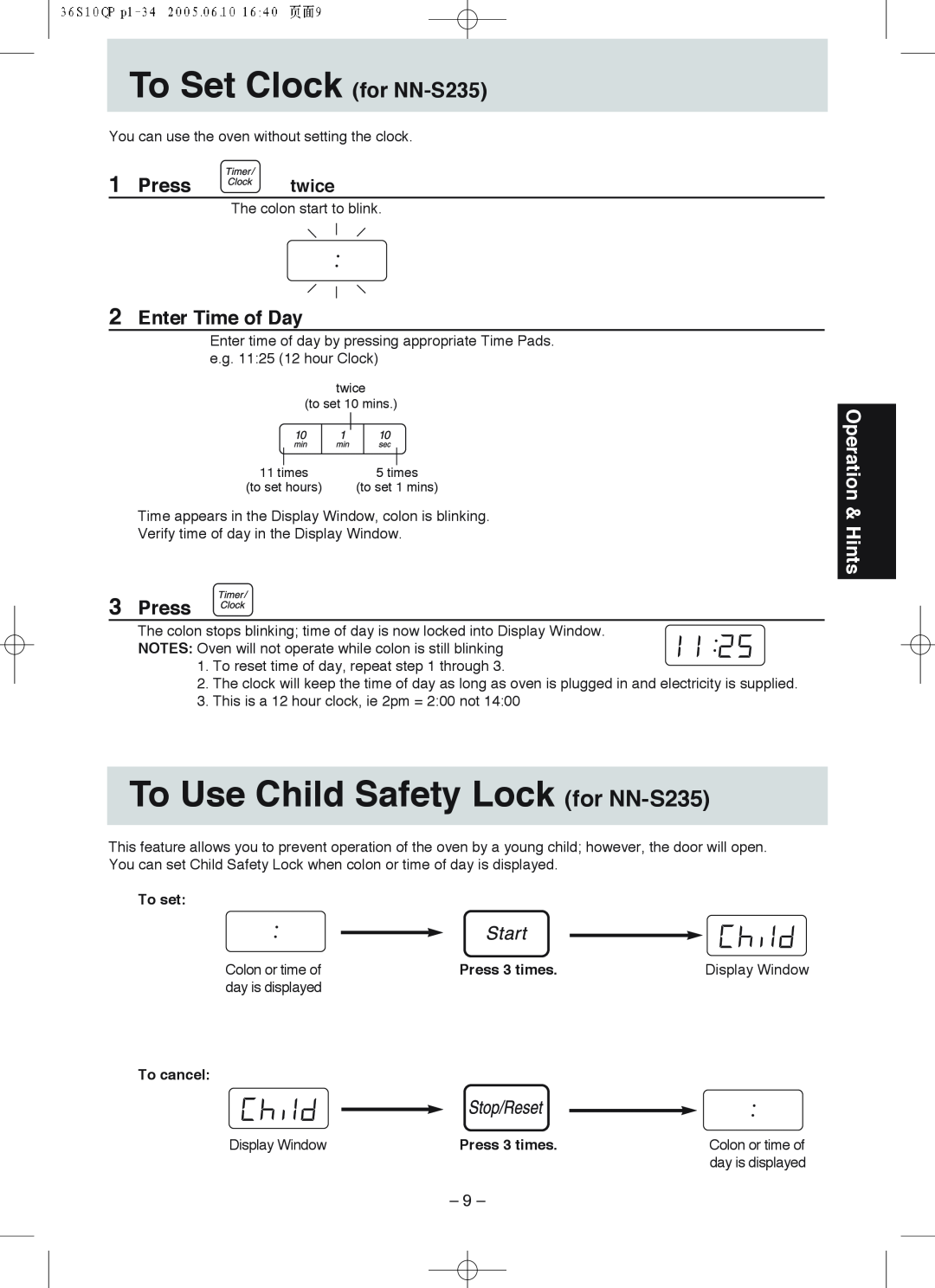 Panasonic NN-S215 manual To Set Clock for NN-S235, To Use Child Safety Lock for NN-S235, Press, Enter Time of Day, twice 