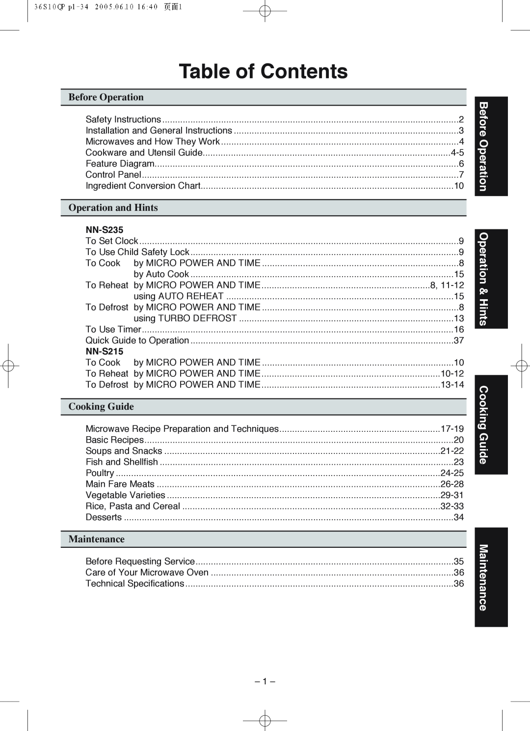 Panasonic NN-S235 manual Table of Contents, Before Operation Operation & Hints Cooking Guide Maintenance, NN-S215 