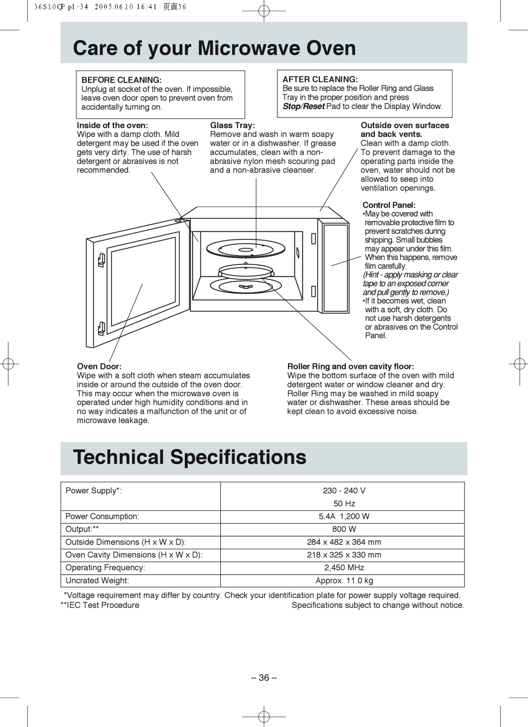 Panasonic NN-S215 manual Care of your Microwave Oven, Technical Specifications, Before Cleaning, After Cleaning, Glass Tray 