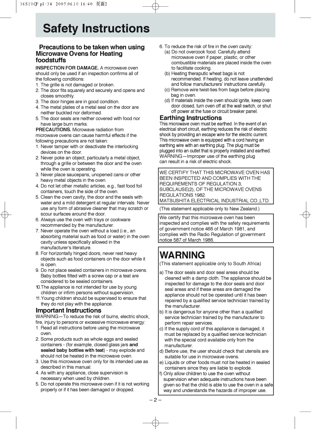 Panasonic NN-S215, NN-S235 manual Safety Instructions, Important Instructions, Earthing Instructions 