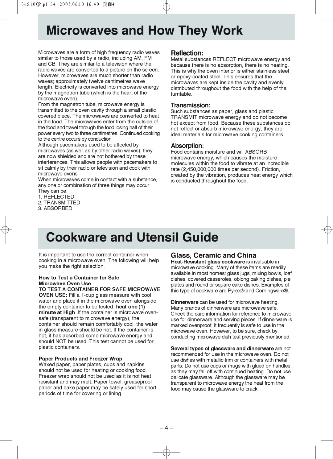 Panasonic NN-S215, NN-S235 Microwaves and How They Work, Cookware and Utensil Guide, Reflection, Glass, Ceramic and China 