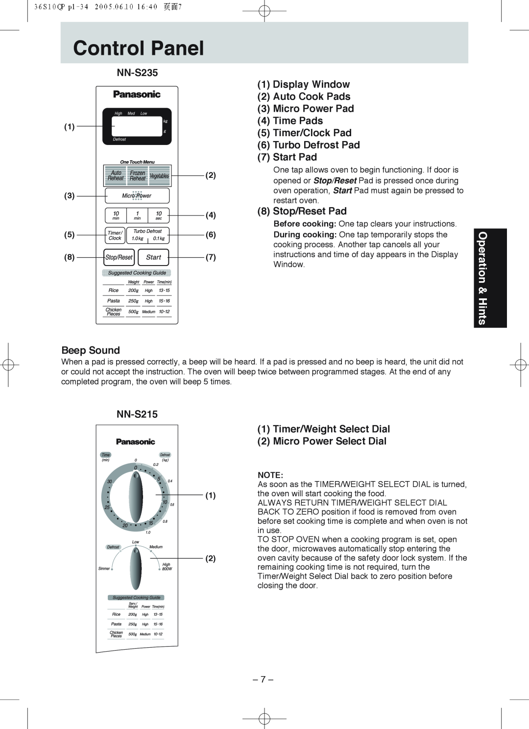 Panasonic NN-S235 Control Panel, Operation & Hints, Display Window, Auto Cook Pads, Micro Power Pad, Time Pads, Start Pad 