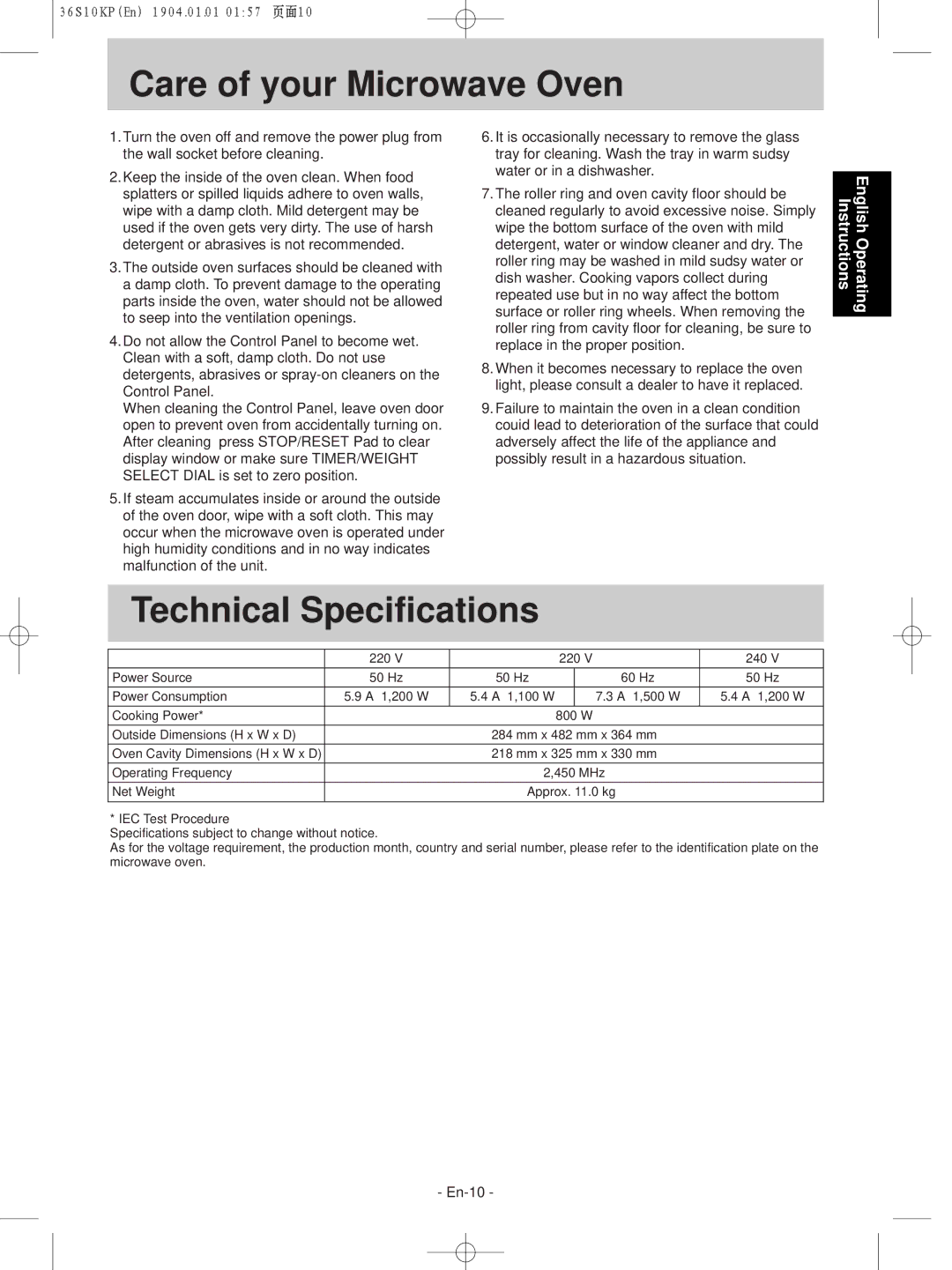 Panasonic NN-S215WF, NN-S235WF manual Care of your Microwave Oven, Technical Specifications 