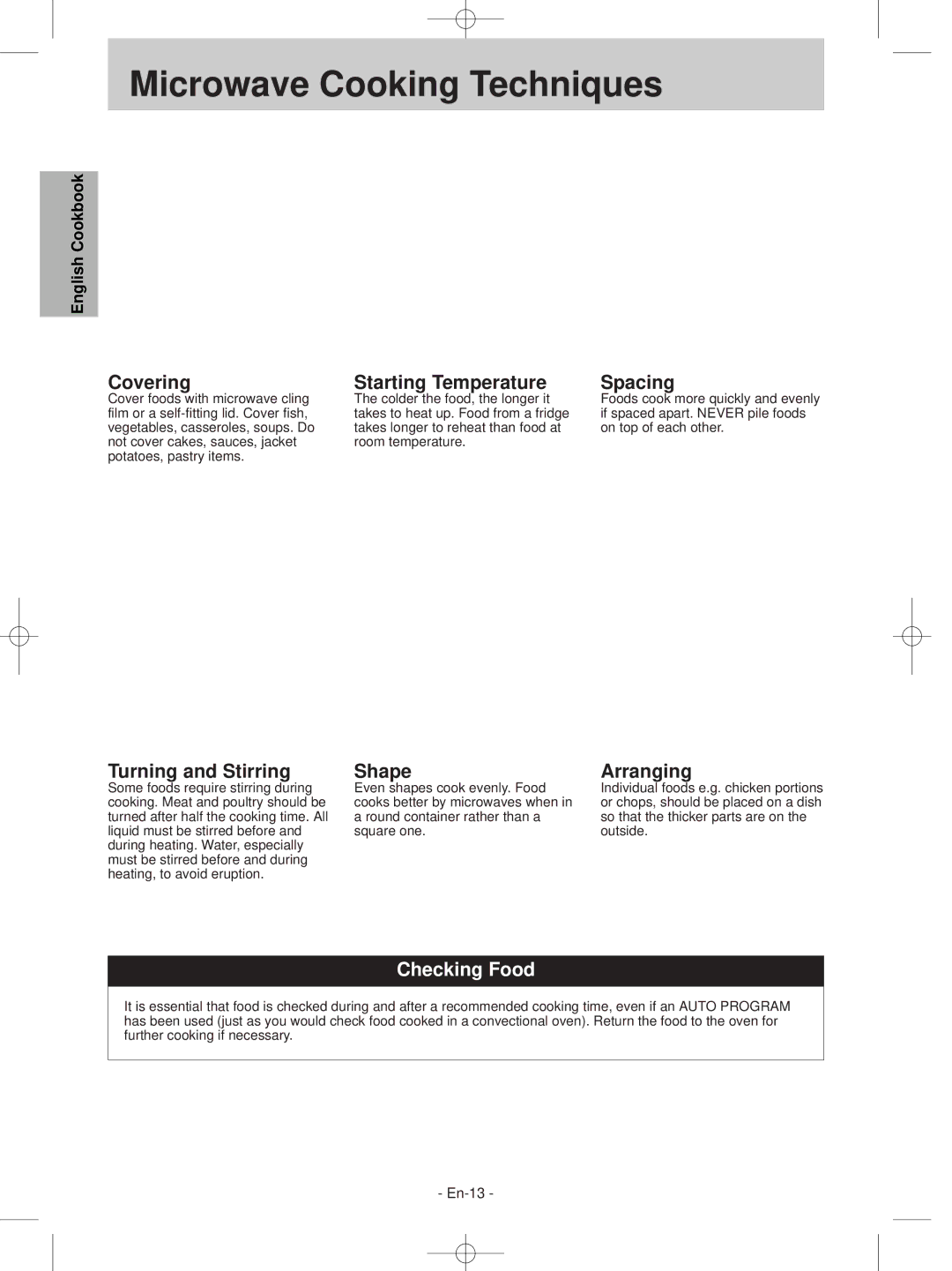 Panasonic NN-S235WF, NN-S215WF manual Covering, Turning and Stirring, Starting Temperature, Shape, Spacing, Arranging 