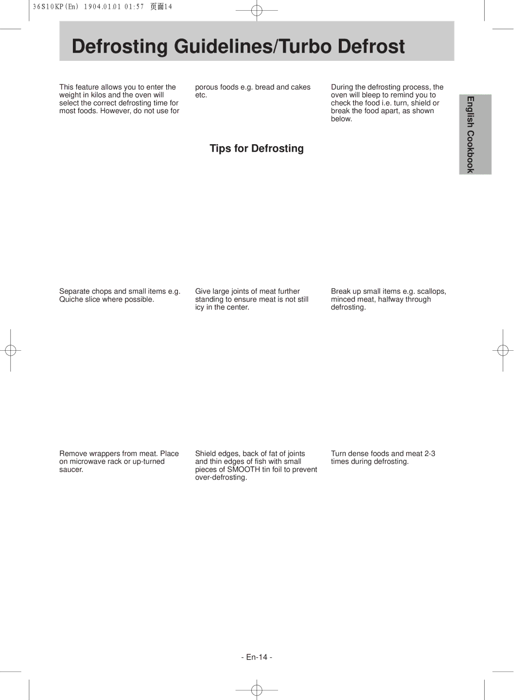 Panasonic NN-S215WF, NN-S235WF manual Defrosting Guidelines/Turbo Defrost, Tips for Defrosting 