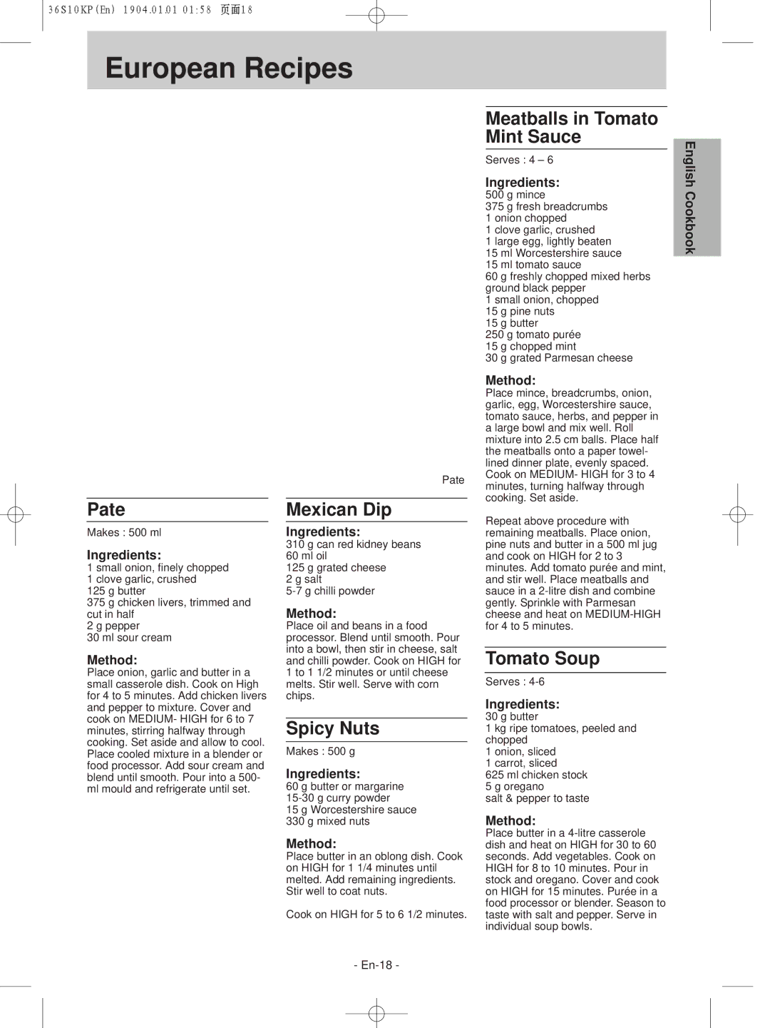 Panasonic NN-S215WF, NN-S235WF manual European Recipes 