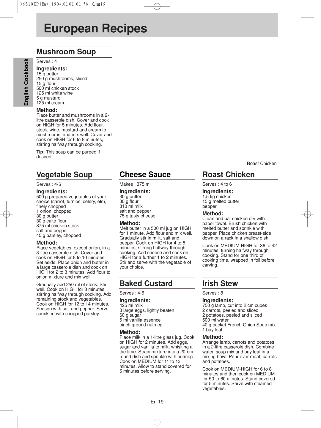 Panasonic NN-S235WF, NN-S215WF manual Mushroom Soup, Vegetable Soup, Roast Chicken, Baked Custard, Irish Stew 