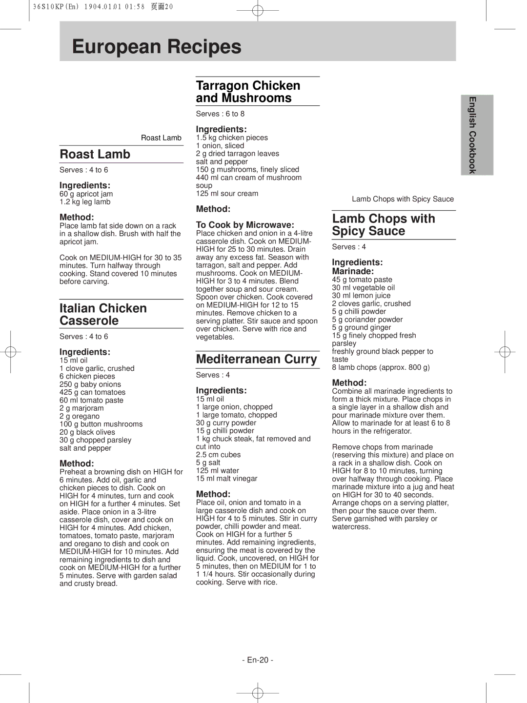 Panasonic NN-S215WF, NN-S235WF Roast Lamb, Italian Chicken Casserole, Mediterranean Curry, Lamb Chops with Spicy Sauce 