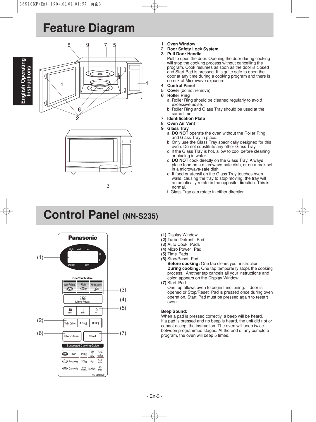 Panasonic NN-S235WF, NN-S215WF manual Feature Diagram, Control Panel NN-S235, English Cookbook 