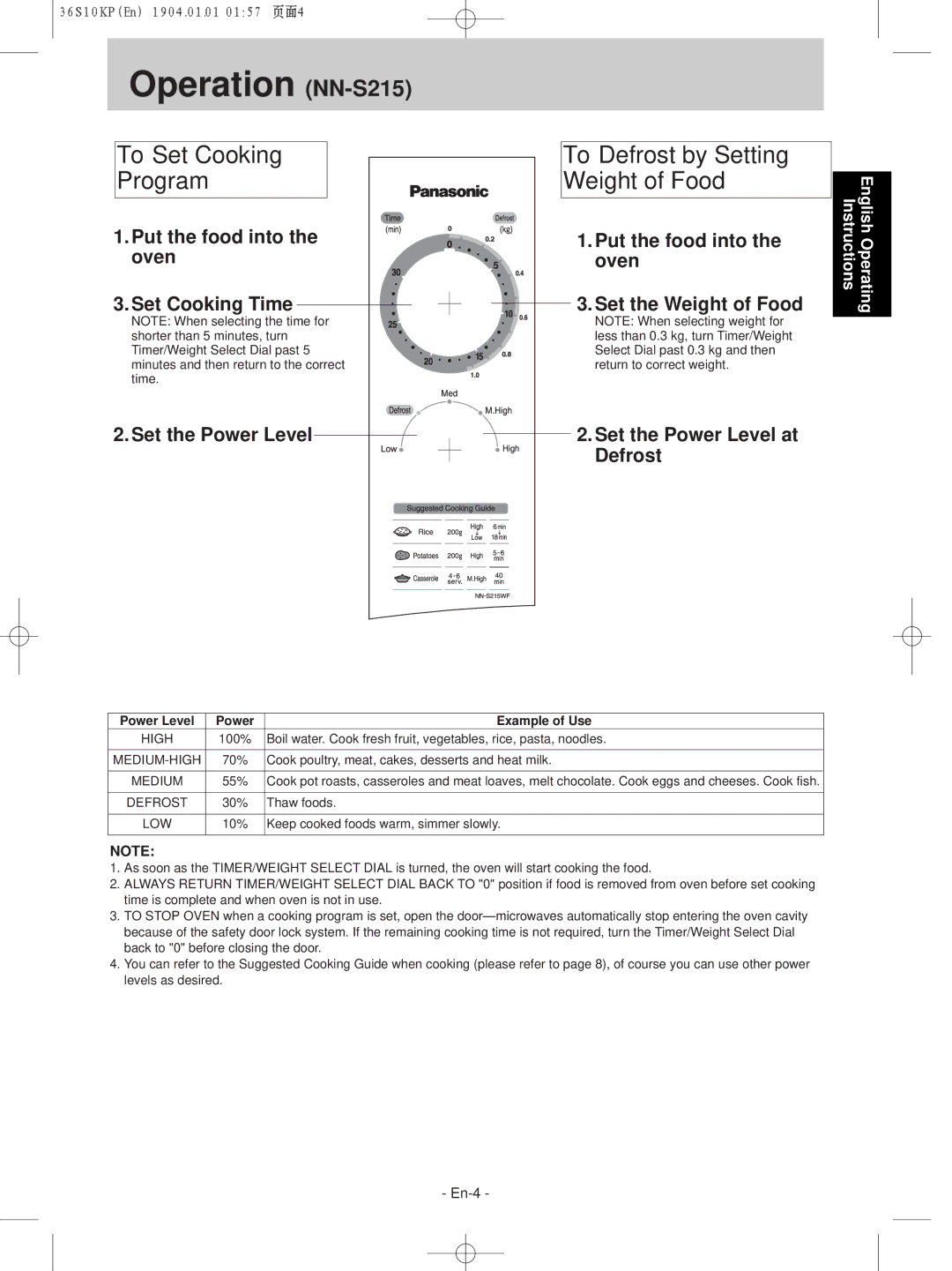 Panasonic NN-S215WF, NN-S235WF manual Operation NN-S215, To Defrost by Setting Weight of Food 