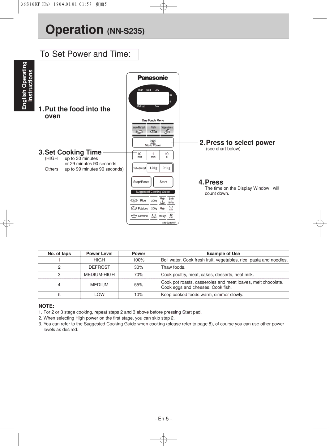 Panasonic NN-S235WF, NN-S215WF manual Operation NN-S235, Put the food into the oven Set Cooking Time, Press to select power 