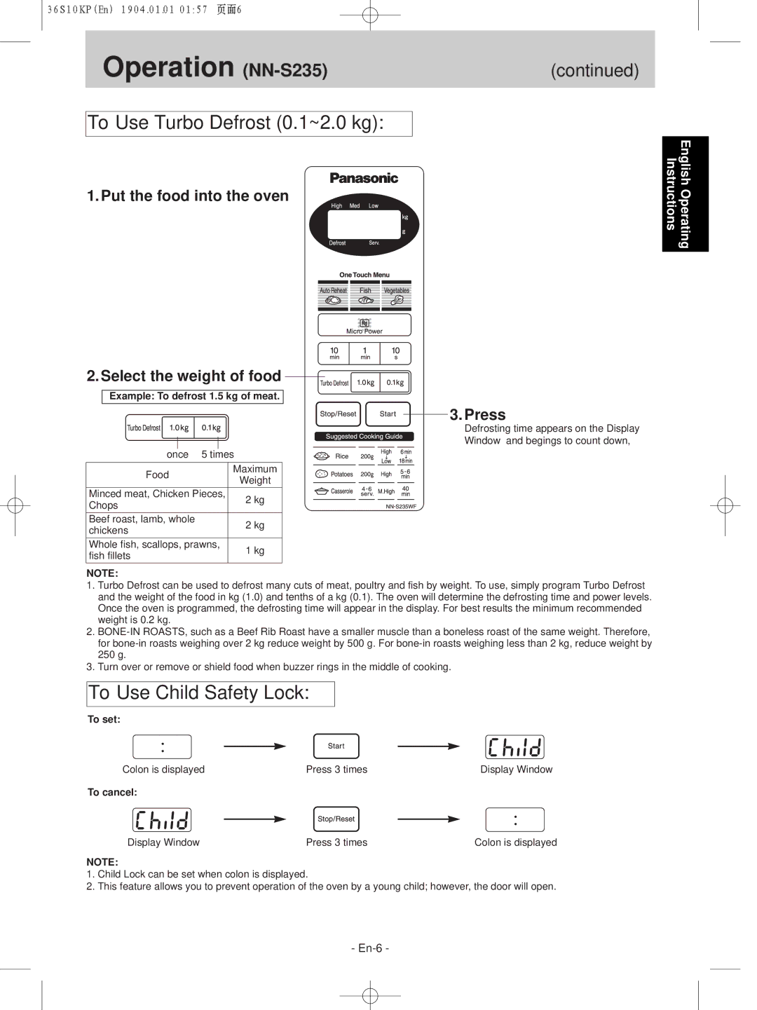 Panasonic NN-S215WF, NN-S235WF manual Operation NN-S235, Put the food into the oven Select the weight of food 