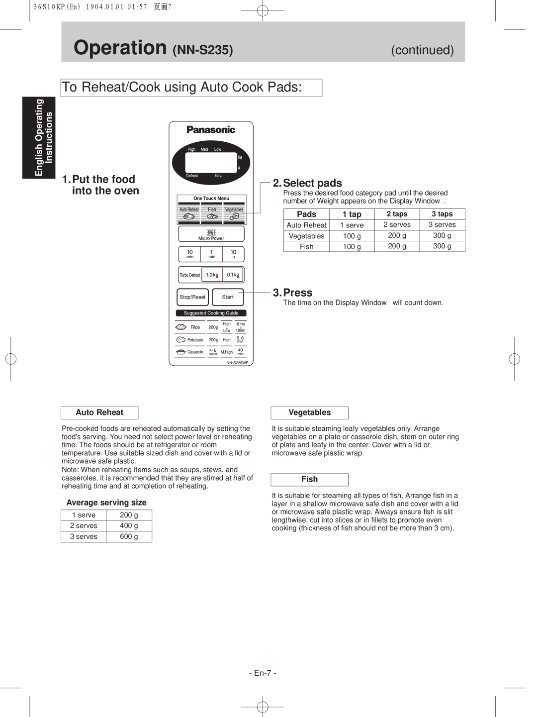 Panasonic NN-S235WF, NN-S215WF manual To Reheat/Cook using Auto Cook Pads, Put the food into the oven Select pads 