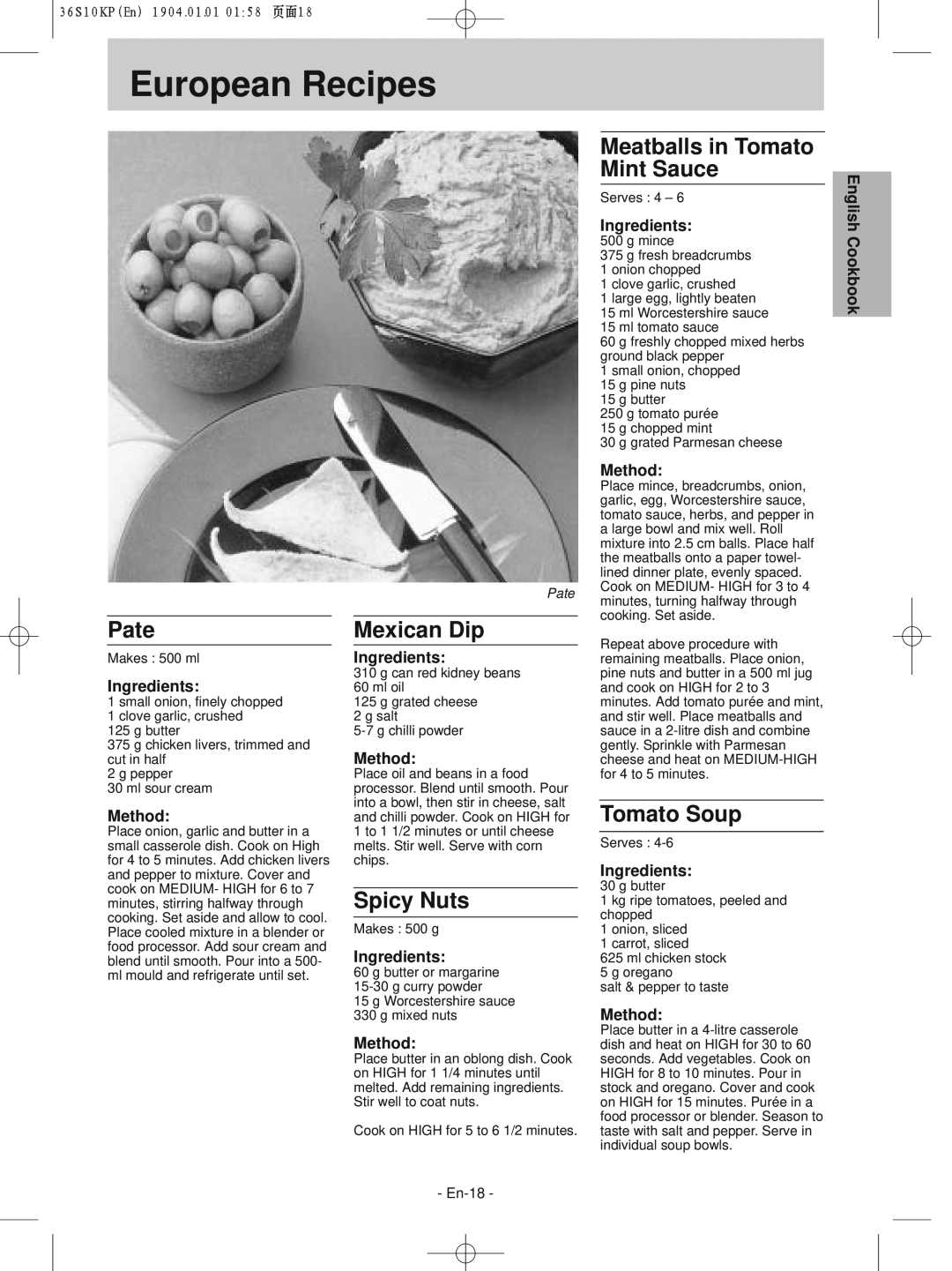 Panasonic NN-S215WF manual European Recipes, Pate, Mexican Dip, Spicy Nuts, Meatballs in Tomato, Mint Sauce, Tomato Soup 
