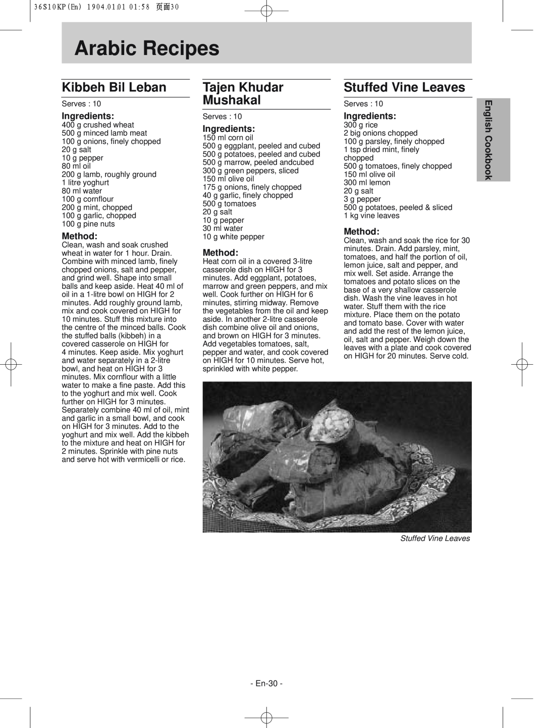 Panasonic NN-S215WF, NN-S235WF manual Kibbeh Bil Leban, Tajen Khudar Mushakal, Stuffed Vine Leaves, Arabic Recipes, En-30 