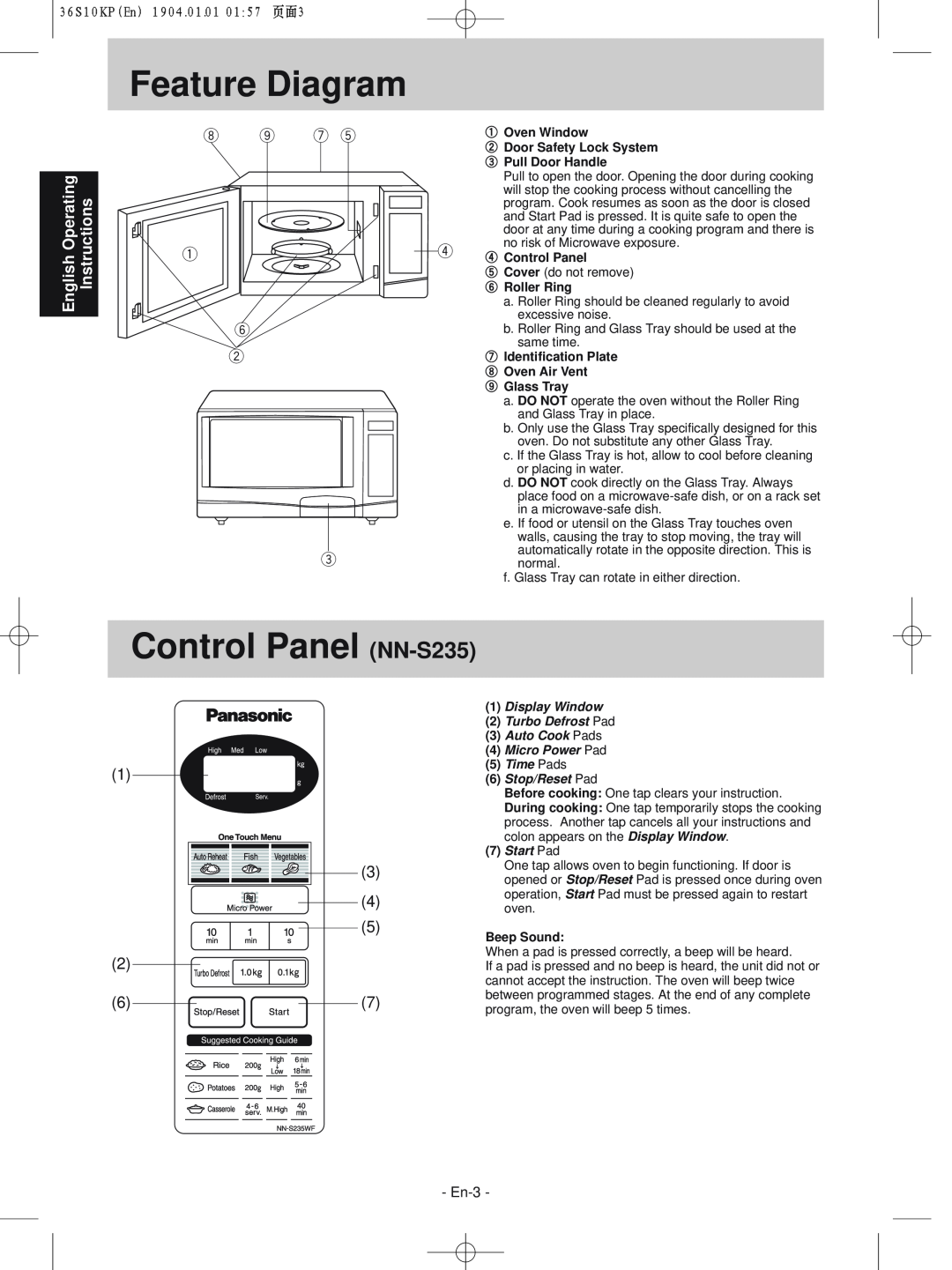 Panasonic NN-S235WF Feature Diagram, Control Panel NN-S235, Instructions, English Operating, Display Window, Time Pads 