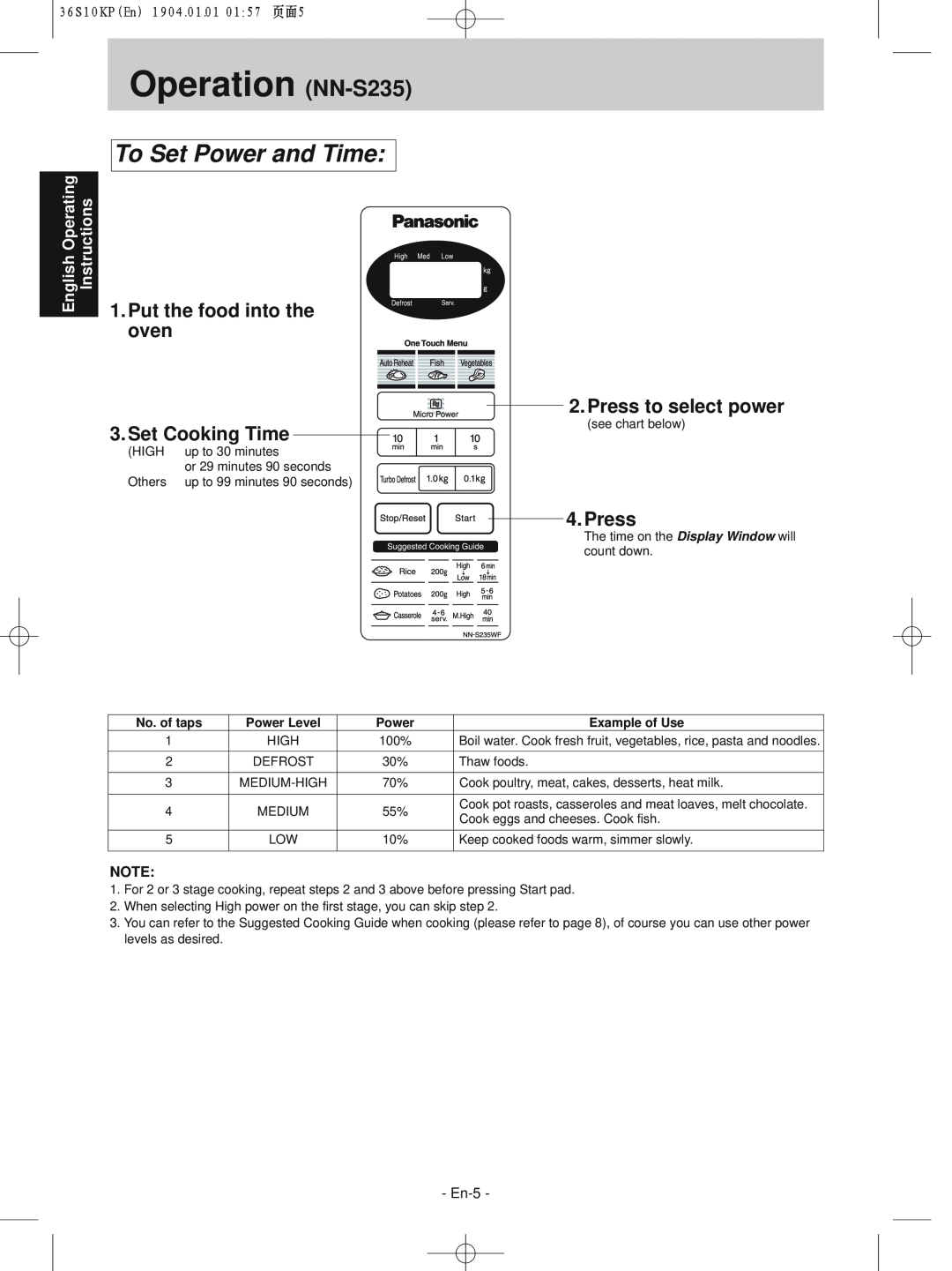 Panasonic NN-S235WF manual Operation NN-S235, To Set Power and Time, Press to select power, Instructions, English Operating 
