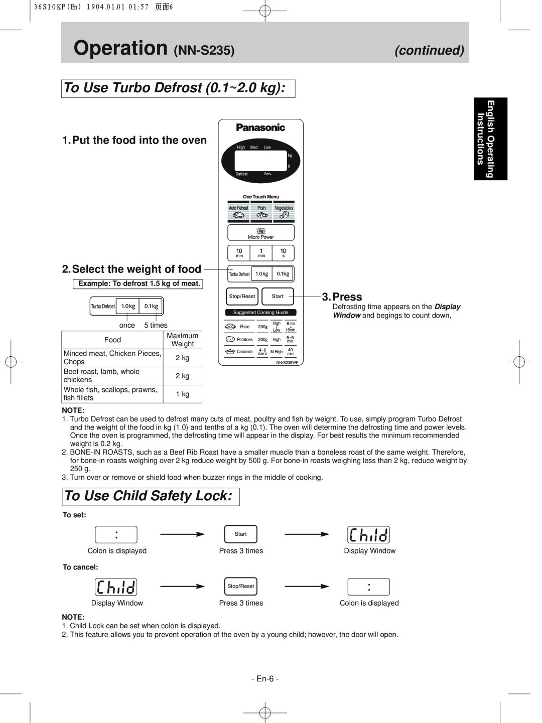 Panasonic NN-S215WF manual Operation NN-S235, To Use Turbo Defrost 0.1~2.0 kg, To Use Child Safety Lock, continued, Press 