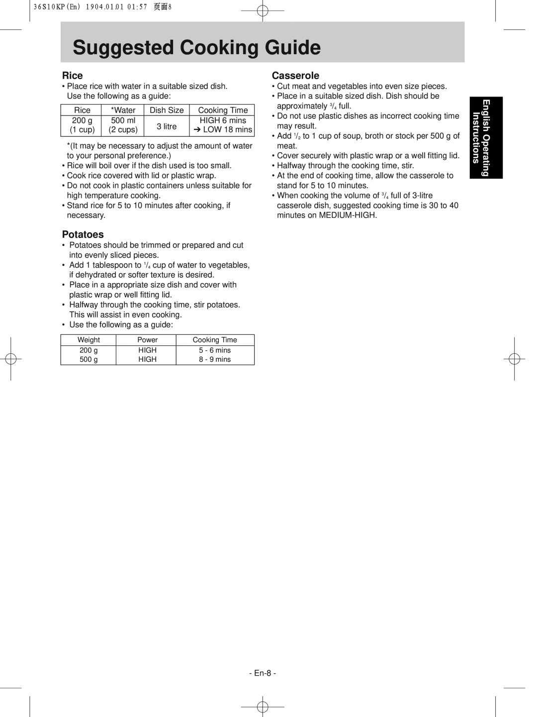 Panasonic NN-S215WF, NN-S235WF manual Suggested Cooking Guide, Rice, Potatoes, Casserole, English Operating Instructions 