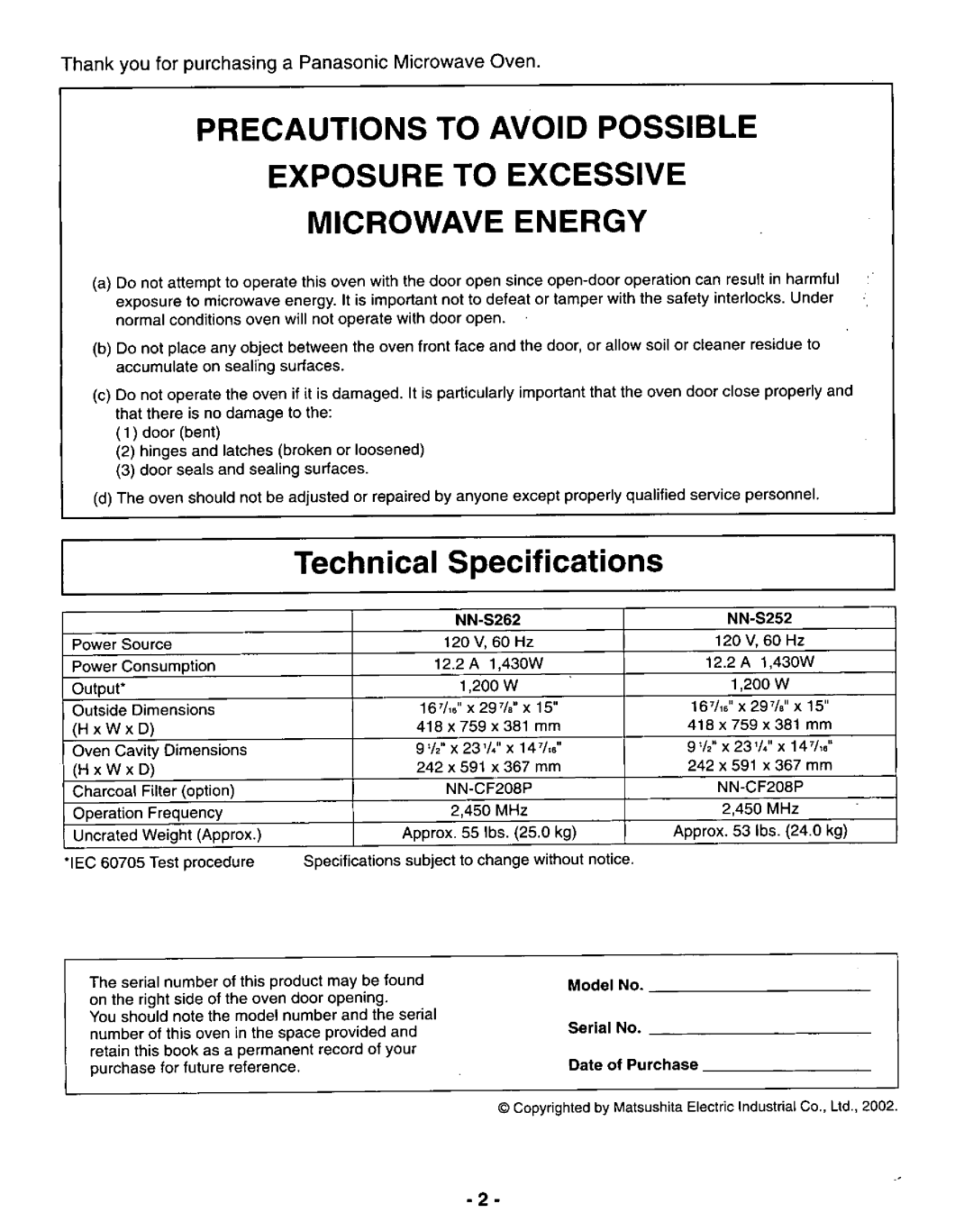 Panasonic NN-S252, NN-S262 manual 